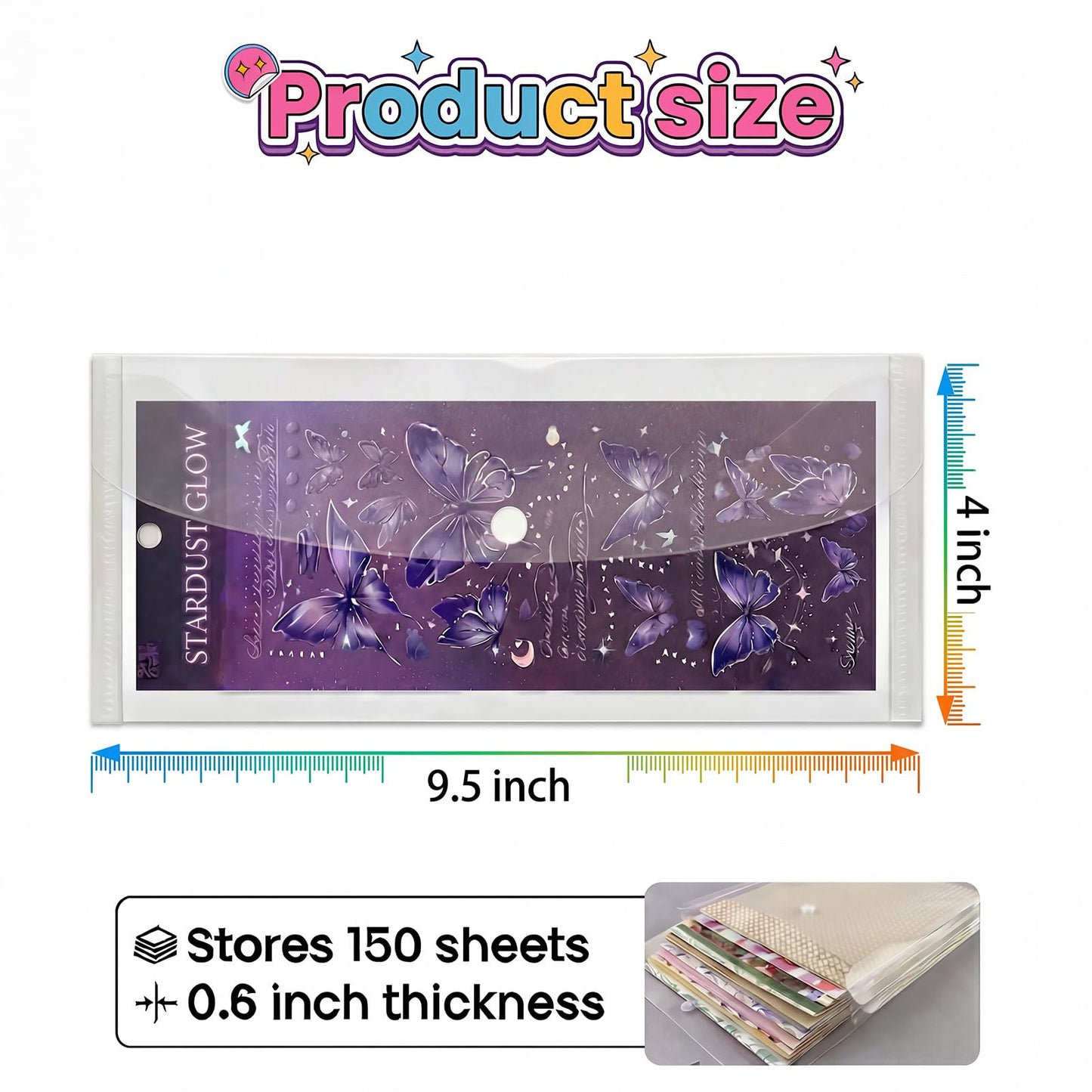 Sticker Organizer, Clear Plastic Envelopes with Snap, 12 Pack Waterproof and Durable for Sticker Storage, Scrapbook Storage, Washi Tape, Scrapbooking & Stamping Supplies (9.5 x 4 Inches)