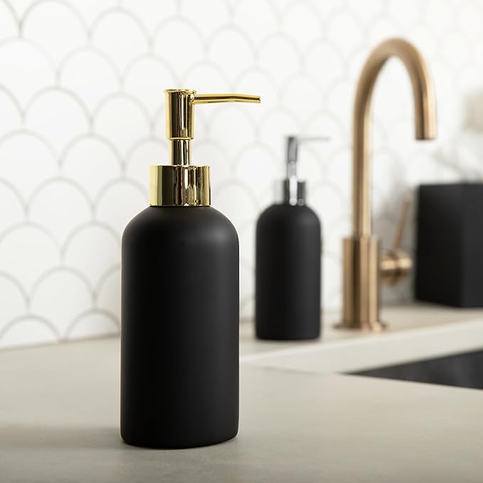 Essentra Home Matte Black Liquid Soap Dispenser with Gold Pump for Bathroom, Bedroom or Kitchen. Great for Hand Lotions and Essential Oils. 10 Fluid Ounce - Matte Black Collection.