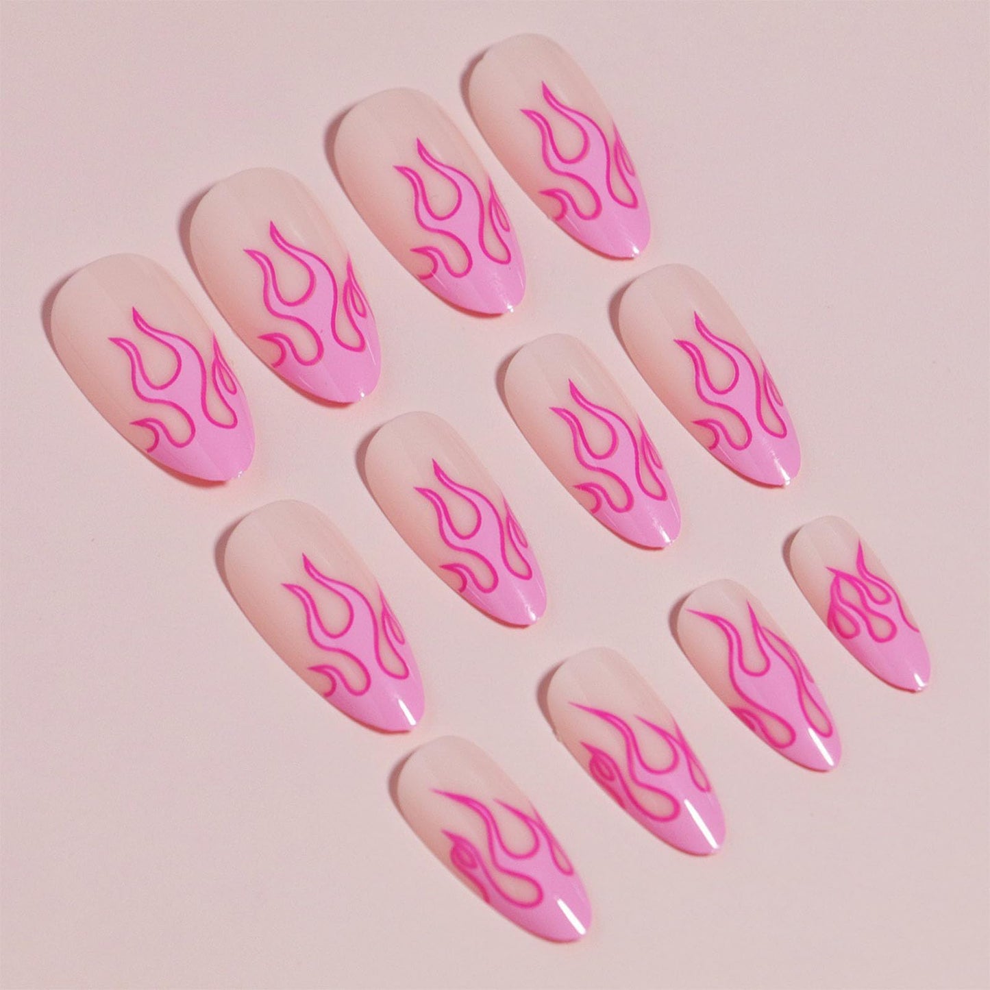 IMSOHOT Pink Press on Nails Medium Almond Fake Nails Flame Pattern Design Glossy French Tips Glue on Nails for Women DIY Charm Manicure 24Pcs