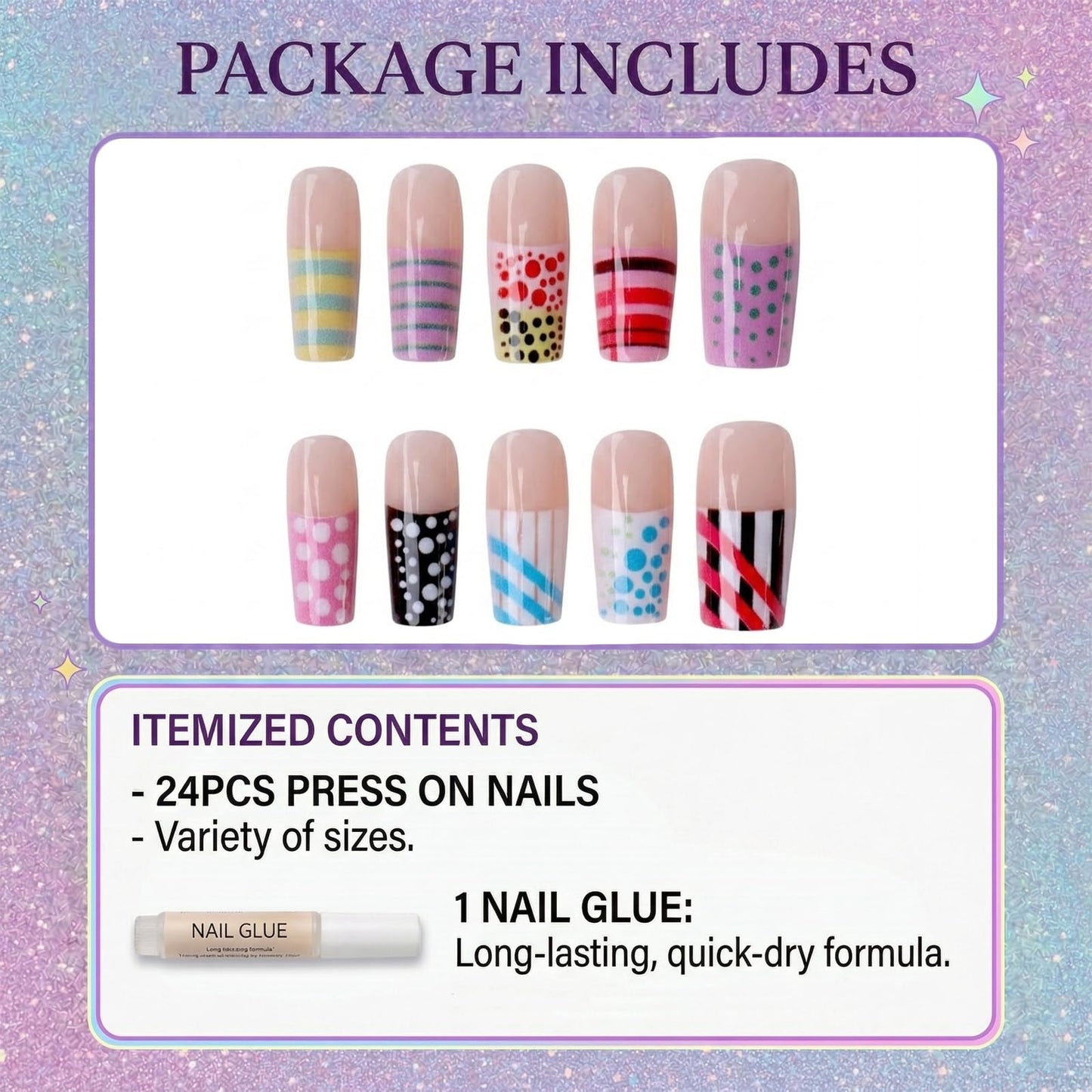 IMSOHOT Square Press on Nails, Long Fake Nails, Colorful Dopamine Polka Dot Stripe, 24 Pcs Reusable Glue on Nails for Women, Salon Quality