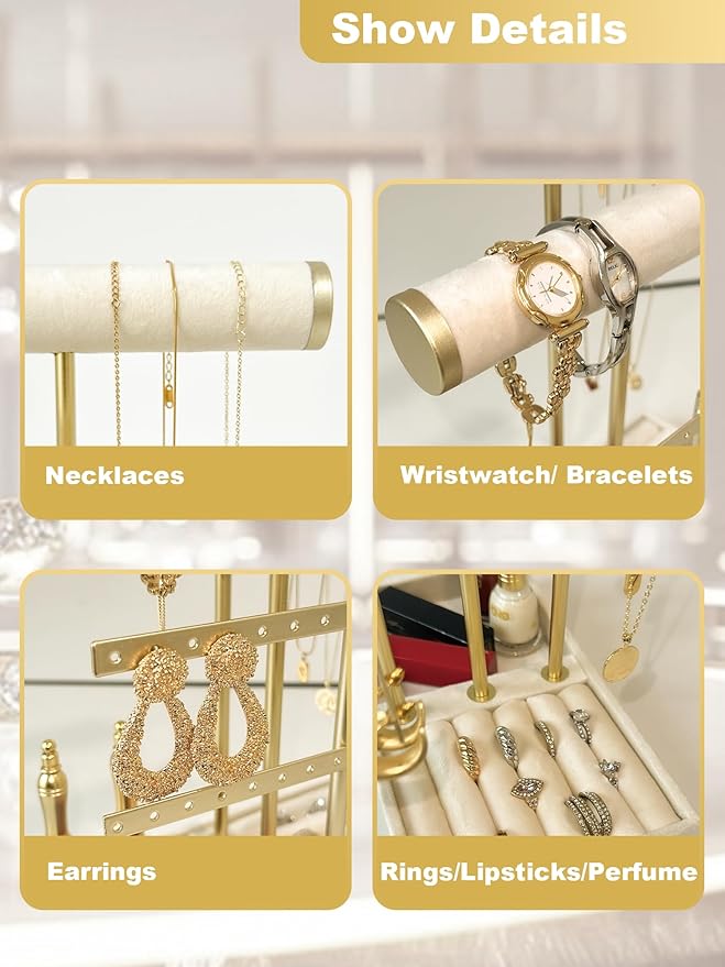 3 Tier Jewelry Organizer Stand with Detachable Ring Tray, Multi-functional necklace Holder for Bracelet, Earring, Elegant Closet Decor Gift for Women (Black)