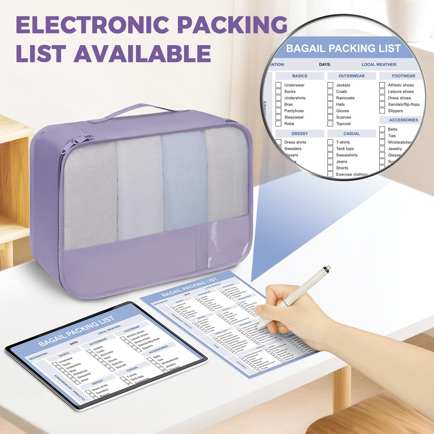 BAGAIL 9 Set Packing Cubes with Packing List Luggage Packing Organizers for Travel Accessories (Dusty Purple)