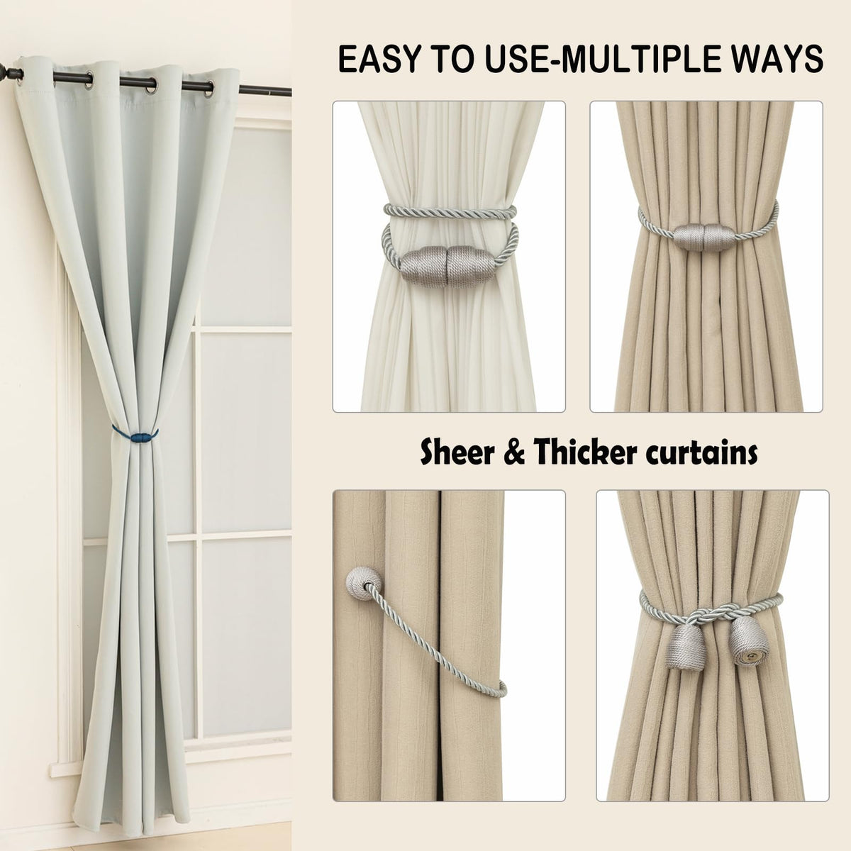 Magnetic Curtain Tiebacks Rope Curtain Tie Backs for Curtains 6 Pack Curtain Holders for Drapes Decorative Window Curtain Holdbacks (6 Count)