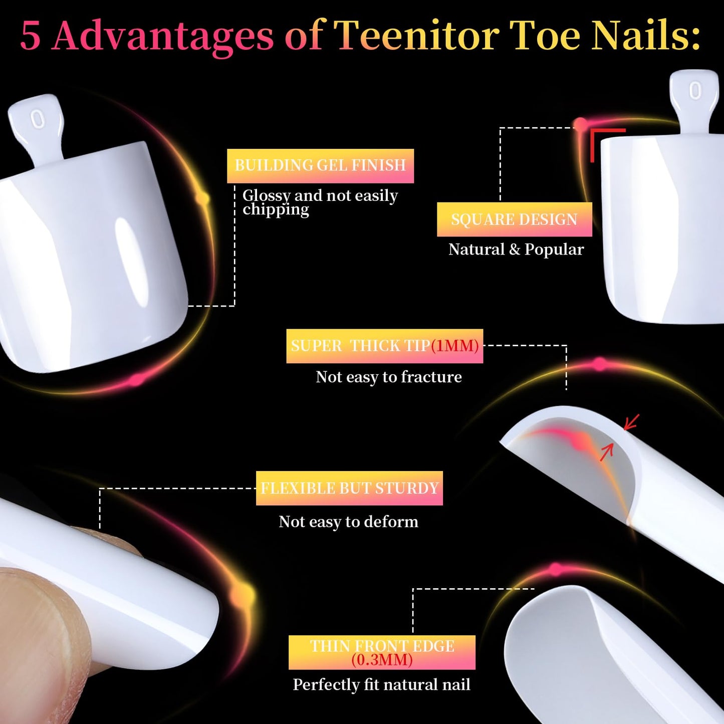 Teentor Square White Toenails Press on Kit, 15 Sizes Toe Nail Press ons with Nail Glue, Thick Press on Toenails Toe Press on Nails Tips for Women, Full Cover Glossy Fake Toe Nails Glue on for Wedding