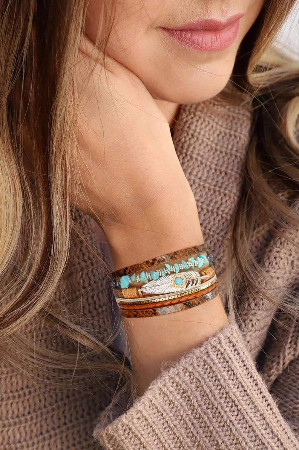 TSdiyART Turquoise Bracelet for Women, Boho Western Bracelet for Turquoise Jewelry, Leather Wrap Multi-Layer Turquoise Bracelet Bangle Jewelry (Brown)