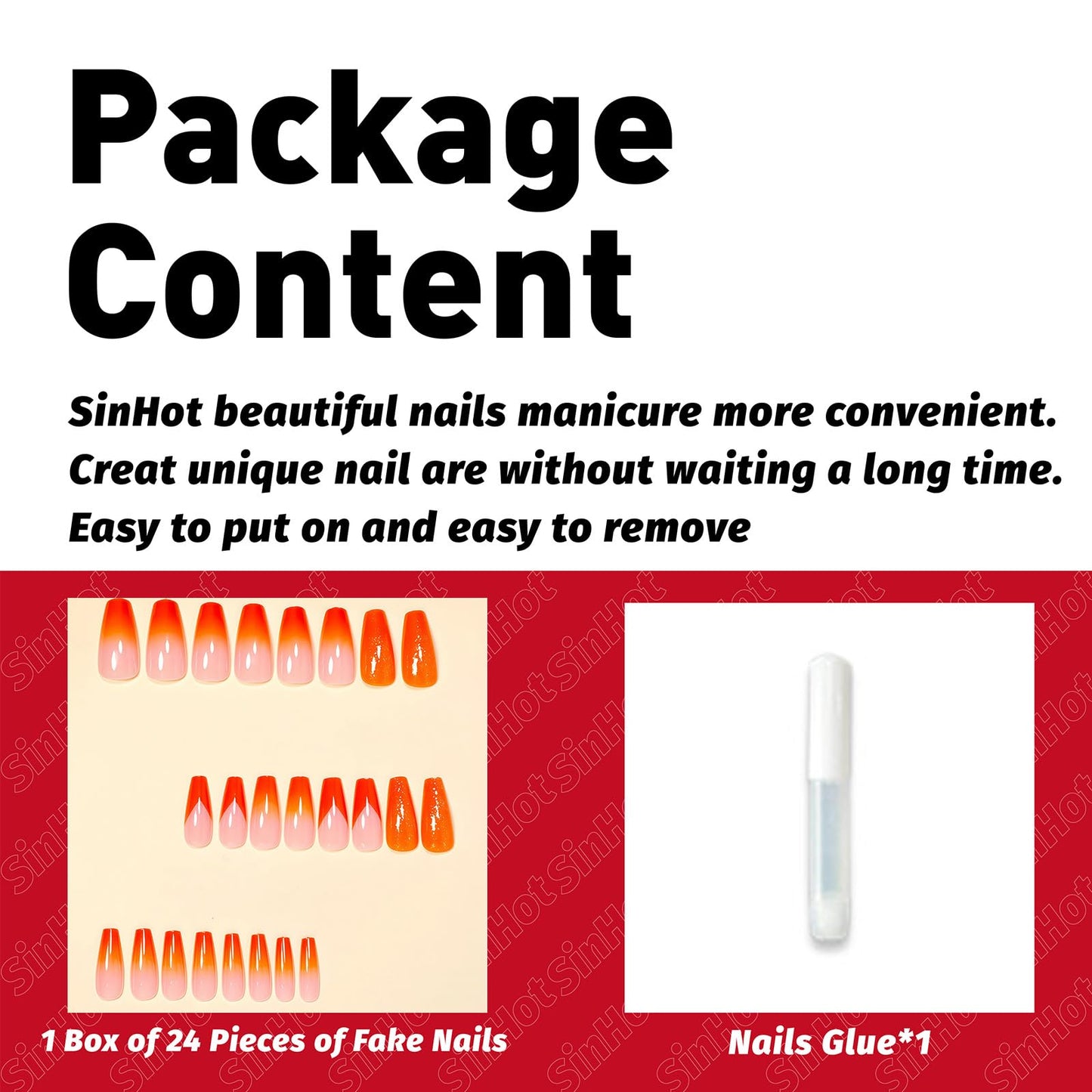 SINHOT Coffin Press on Nails - Long Fake Nails, Glossy Finish, Orange Gradient & Glitter, Reusable Artificial False Nail Art - 24 Pcs Nail Kit with Glue