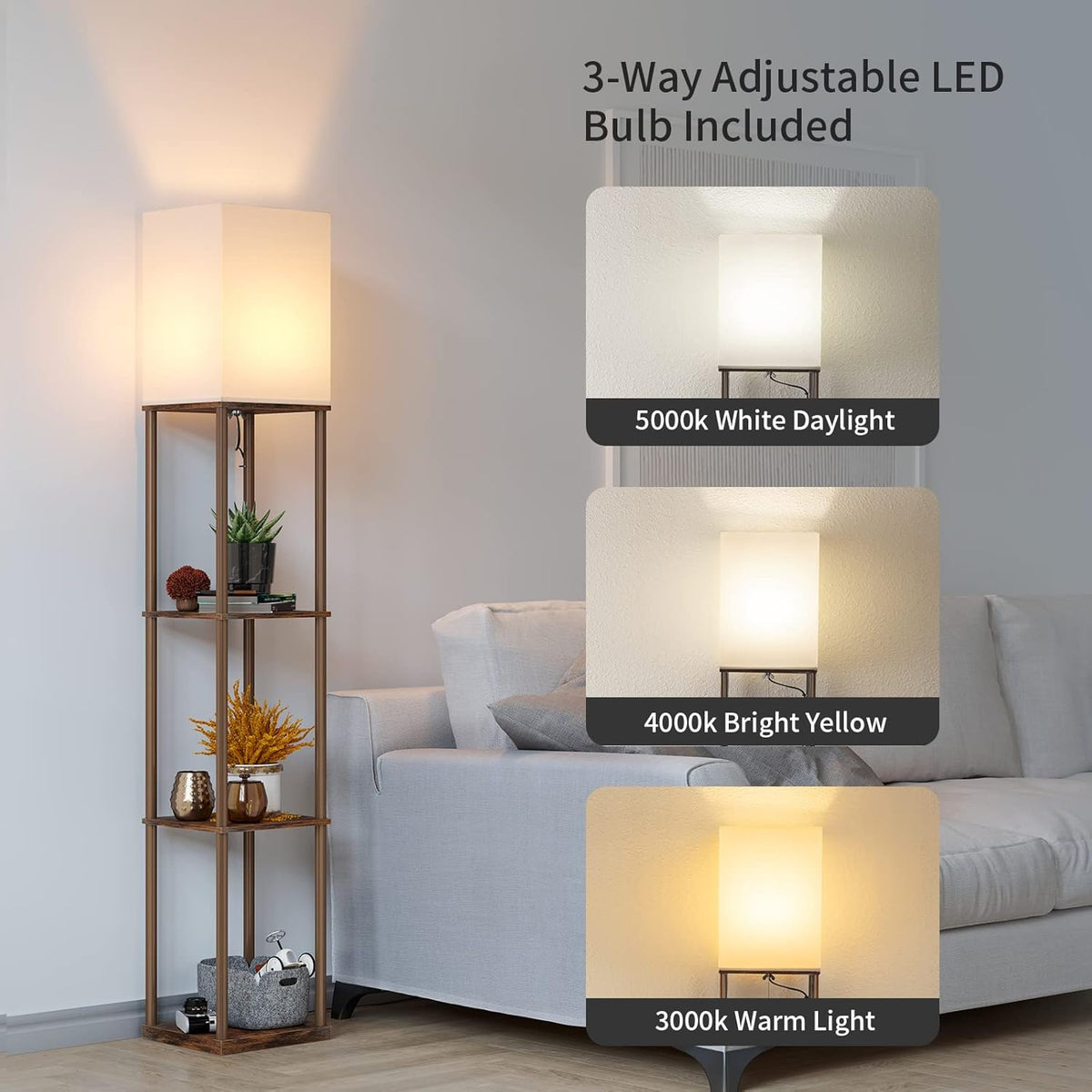 SUNMORY Floor Lamp with Shelves, Modern Square Standing Lamp with 3 Color Temperature Bulb, Corner Display Bookshelf Lamp for Living Room and Bedroom (Rustic Brown)