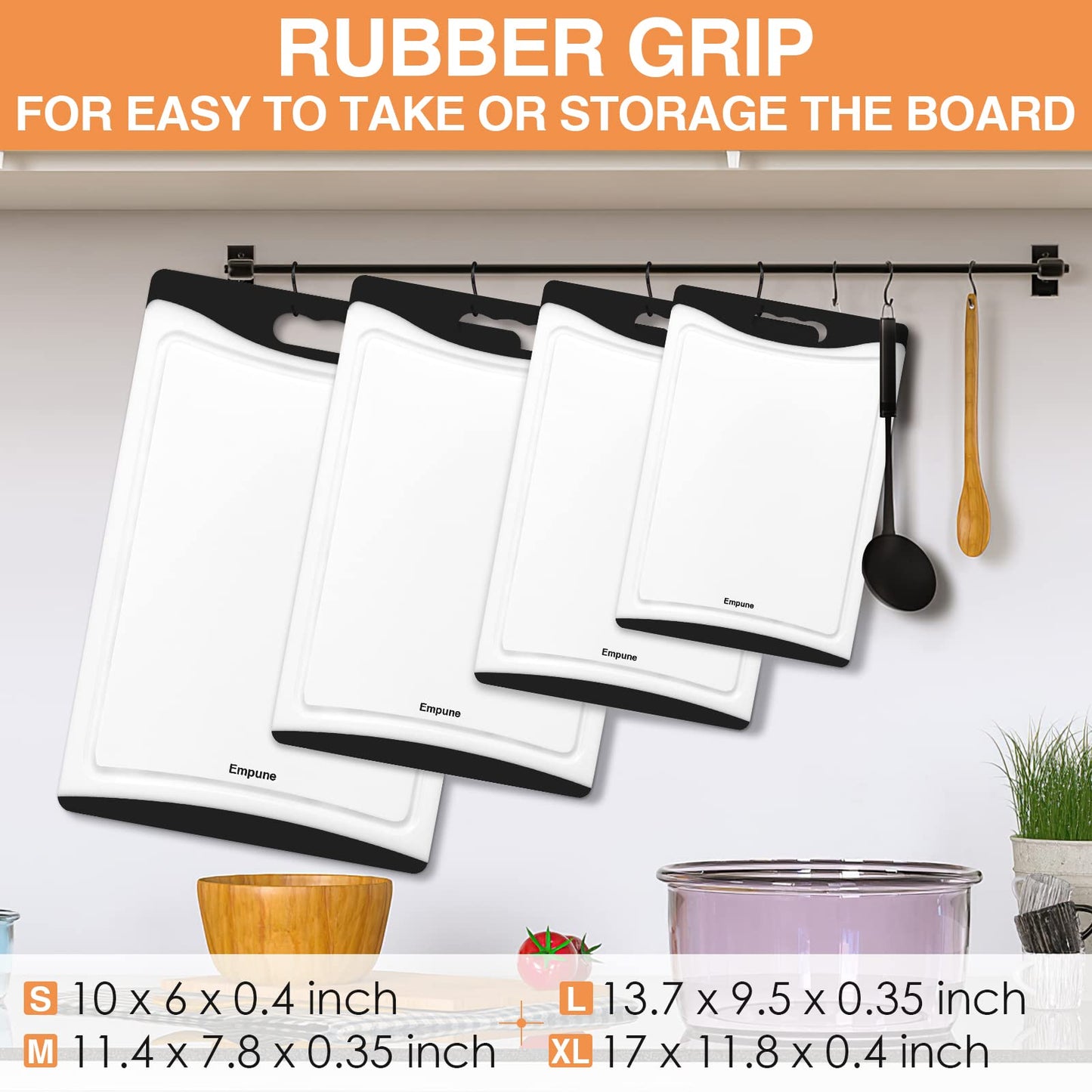 Empune Extra Large Cutting Boards, Plastic Cutting Boards for Kitchen (Set of 4) Cutting Board Set Dishwasher Safe Chopping Board with Juice Grooves Easy-Grip Handles, Black