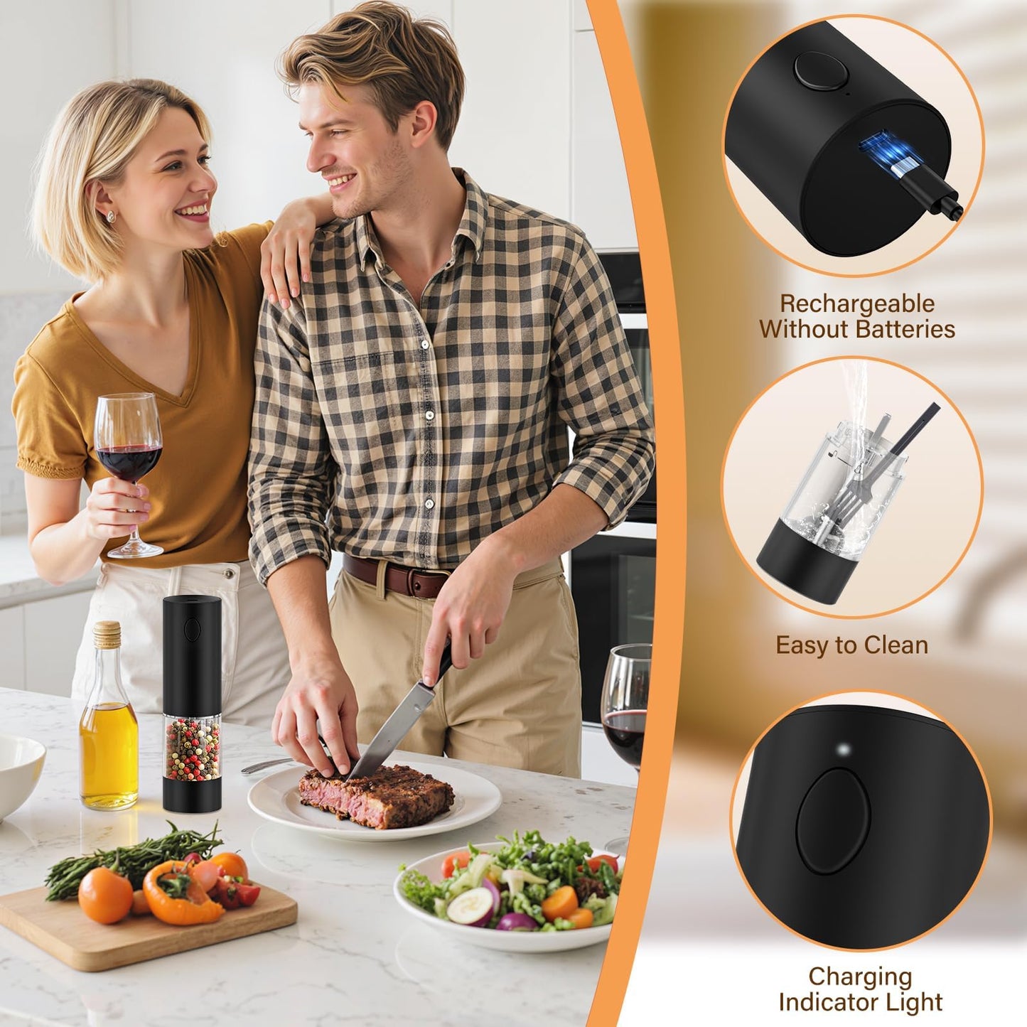 WOWBOX Electric Salt and Pepper Grinder Set 2 PCS, 6-Level Adjustable Coarseness, Rechargeable with LED Light, Large Capacity Multifunctional, for Kitchen, BBQ, Outdoor, Restaurant (Black & White)