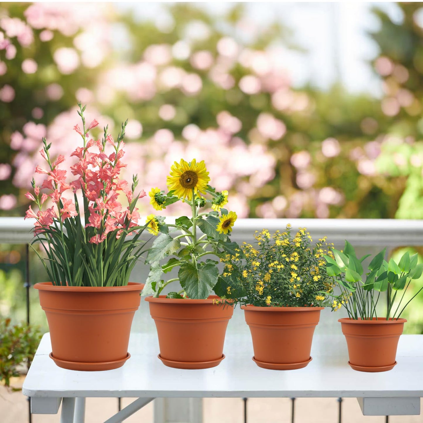 Pottiffe 13 Inch Plastic-Flower-Pot-for-Indoor-Plants, 4 Pack Large Outdoor Planter Pot with Drainage Holes & Saucers, Resin Decorative Garden Pots Planters