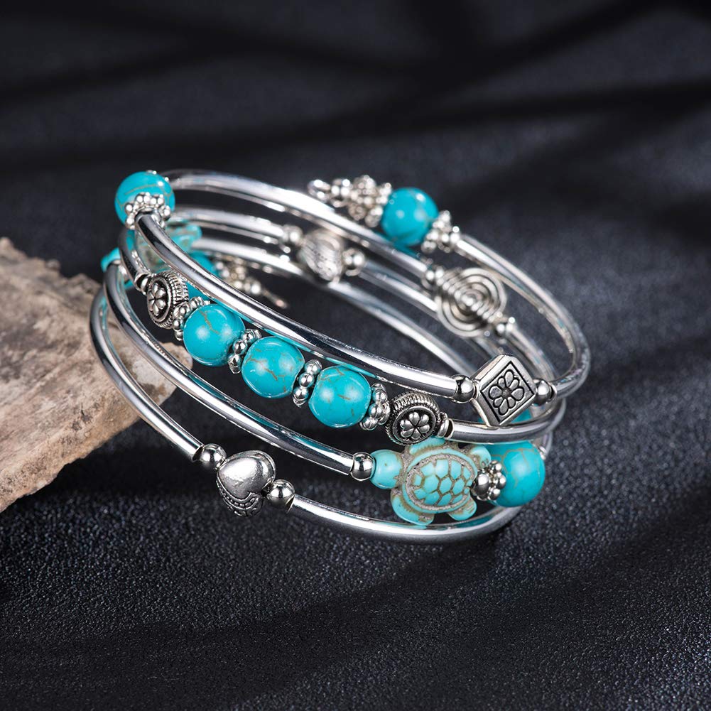 BULINLIN Layered Wrap Bangle Turquoise Bracelet - Bead Bracelet with Natural Agate Stone, Gifts For Women (17-Turquoise turtle bracelet)