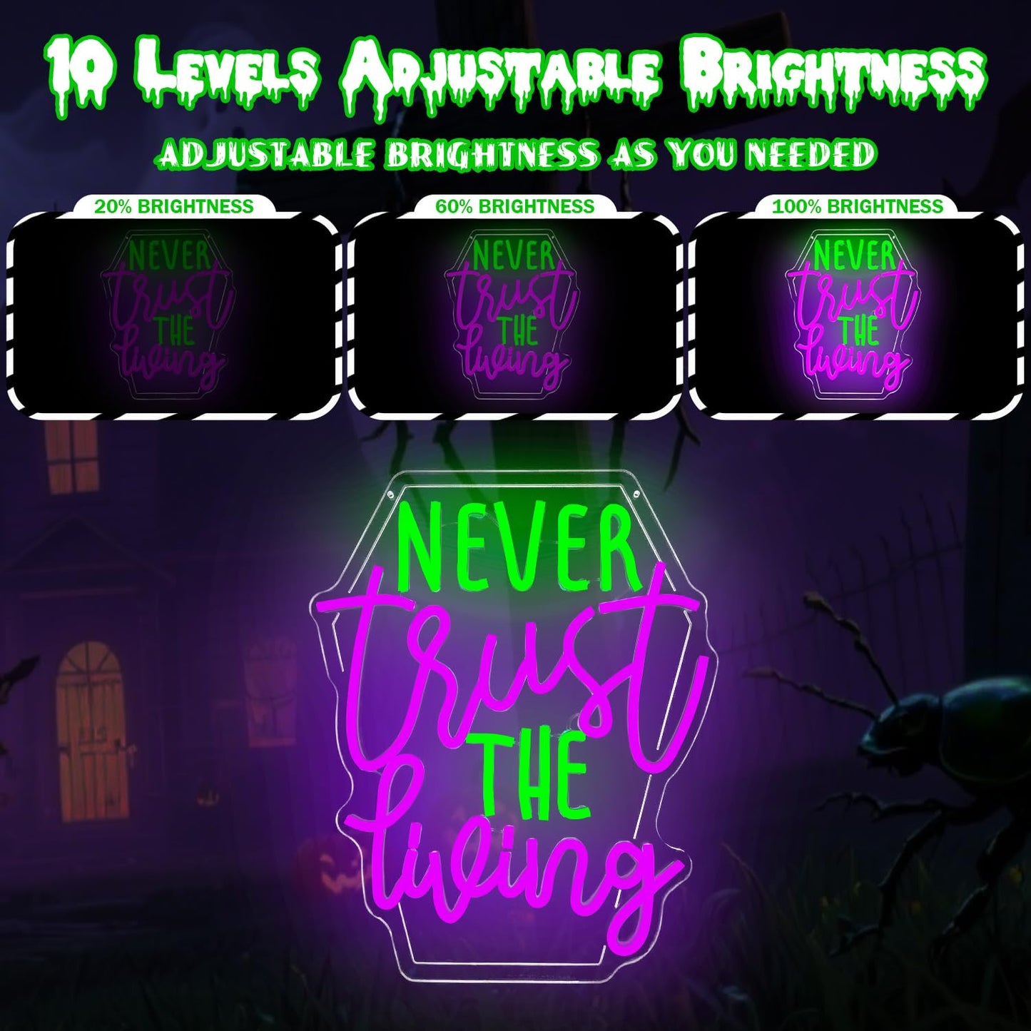Ajoyferris Never Trust The Living Neon Sign Halloween Led Signs Dimmable Tombstone Light Up Sign Gothic Haunted House Neon Window Lights Scary Halloween Decorations
