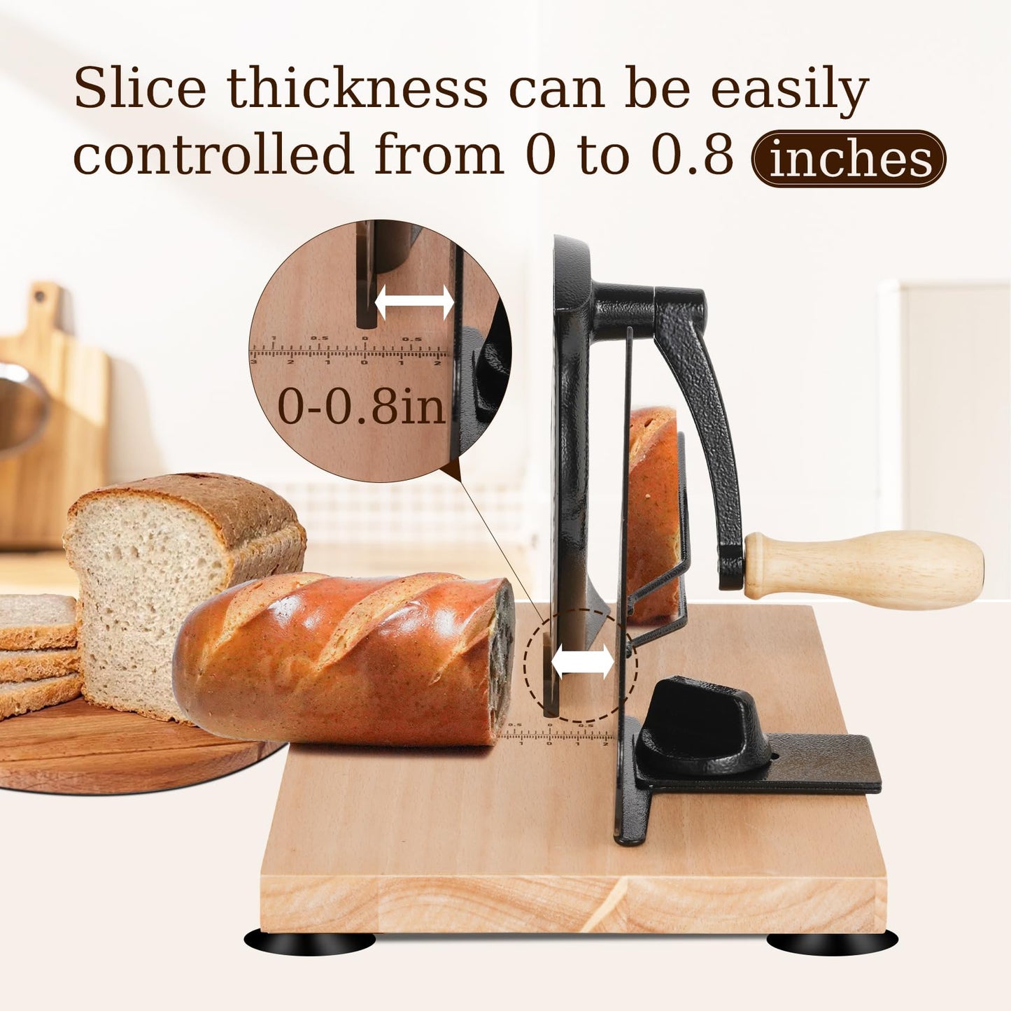 Upgraded Manual Bread Slicer for Homemade Sourdough Bread with Measurement Marks, Adjustable 0"-0.8" Thickness Hand Crank Bread Slicer with Suction Cup for Even Slicing, Kitchen and Commercial, Black