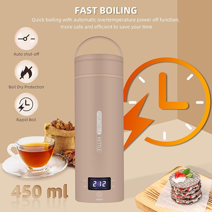 Travel Electric Kettle Portable Small Mini Tea Coffee Kettle Water Boiler, Water Heater with 4 Temperature Control,304 Stainless Steel with Auto Shut-Off & Boil Dry Protection, BPA-Free (Khaki)