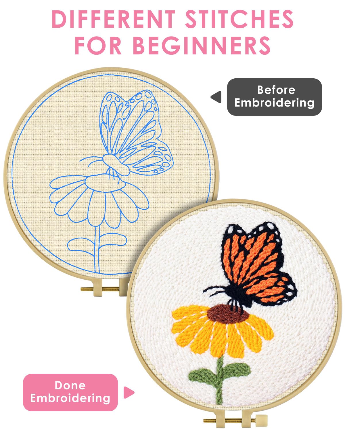 TINDTOP Punch Needle Kits, DIY Punch Embroidery Kits for Adults Beginner, Tool with Punch Needle Fabric, Hoops, Yarns and Sewing Needles (Set A)