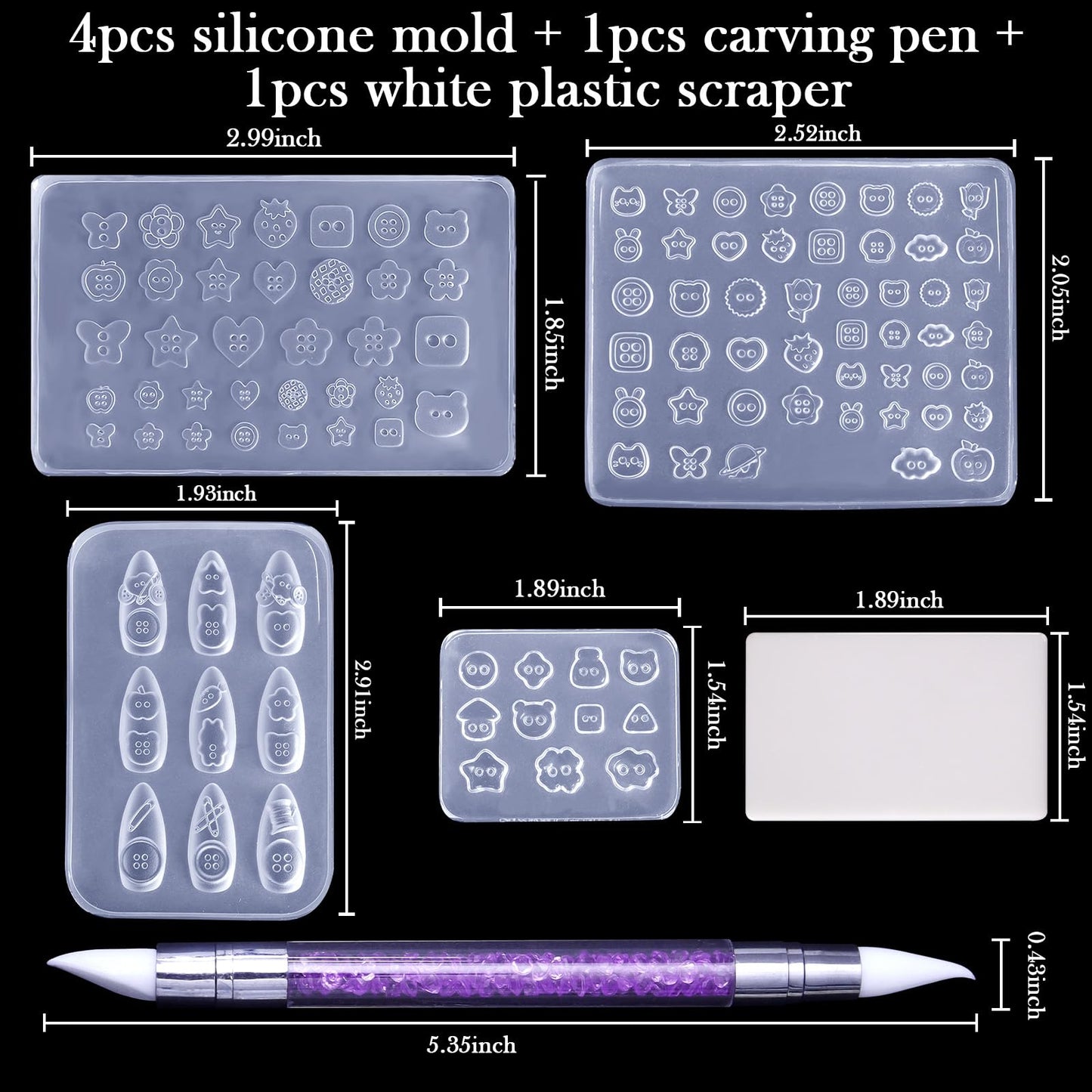 Laza 4pcs Button Silicone Nail Art Molds, 3D Multiple Shapes Embossed Button Nail Charms Nails Accessories with Carving Pen Resin Nail Art Mold Manicure Tools for Manicures Design