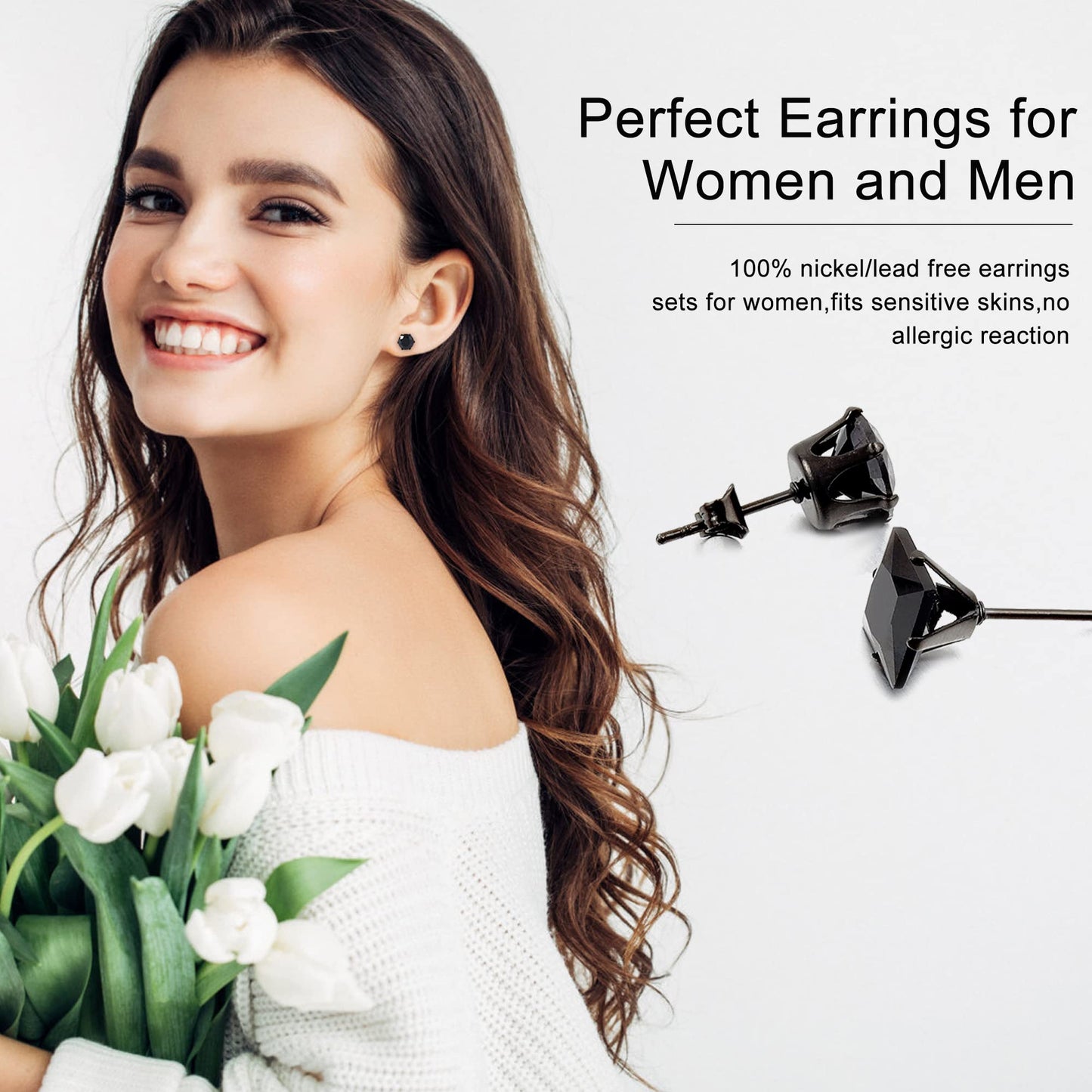Black Earrings for Men: LUCKYPADS Cubic Zirconia Earrings Studs 12 Pairs Black Diamond Stud Earrings Small Stud Earrings for Women Hypoallergenic Earrings Multipack for Boys