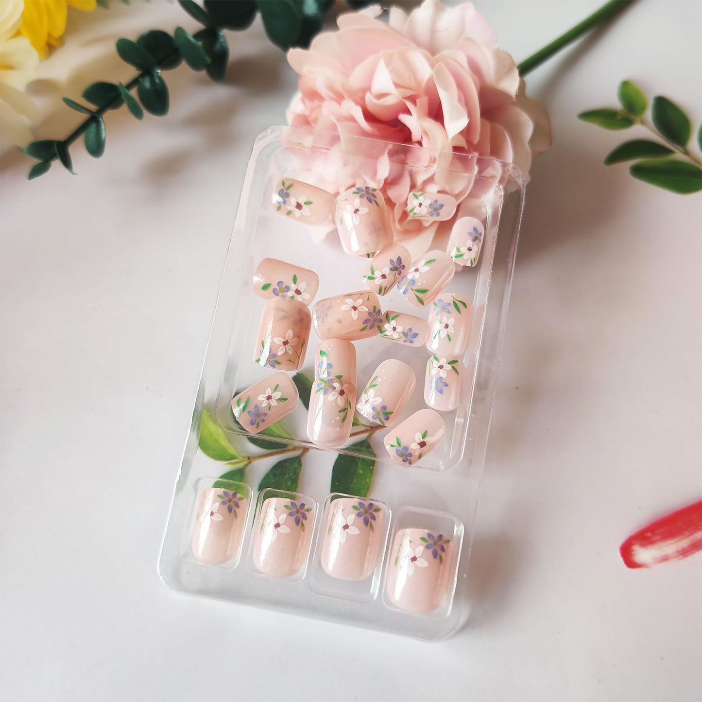 24 Pcs Glossy White Polka Dots Glue on Artificial Fingernails Green Leaf Press on Nails Flower Acrylic False Nail Wild Flower Stick on Nail HZJXRT Short Square Fake Nails for Coquette Women Gift