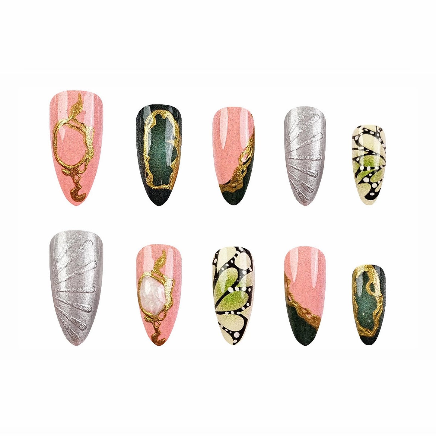 MISUD Press on Nails - Medium Almond Fake Nails with Green Butterfly, Acrylic Gold Chrome Design 24 pcs