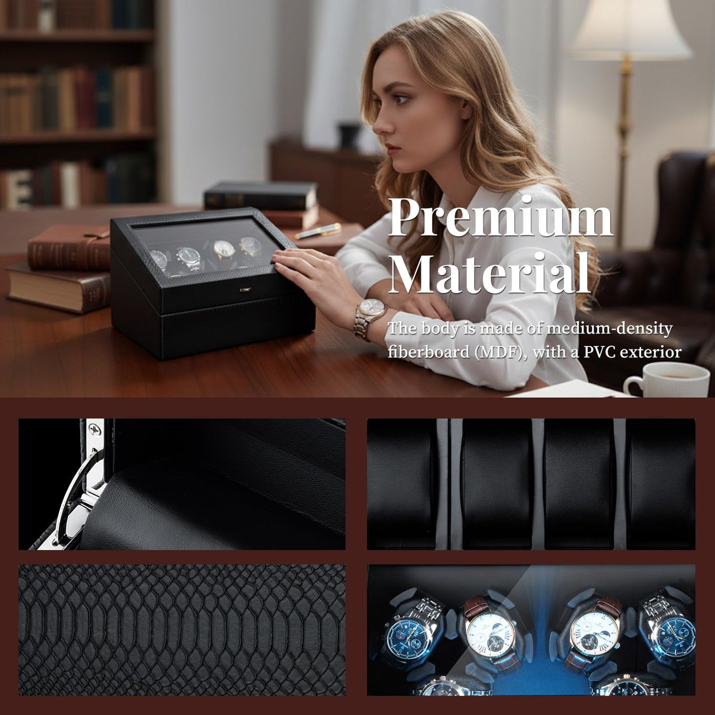 Mcbazel Watch Winder for Automatic Watches, 6 Watch Winder + 6 Storage Case, Watches Winder Box with Super Quiet Motor, Blue LED Light, Memory Foam Pillows, Gift for Men & Women - Black