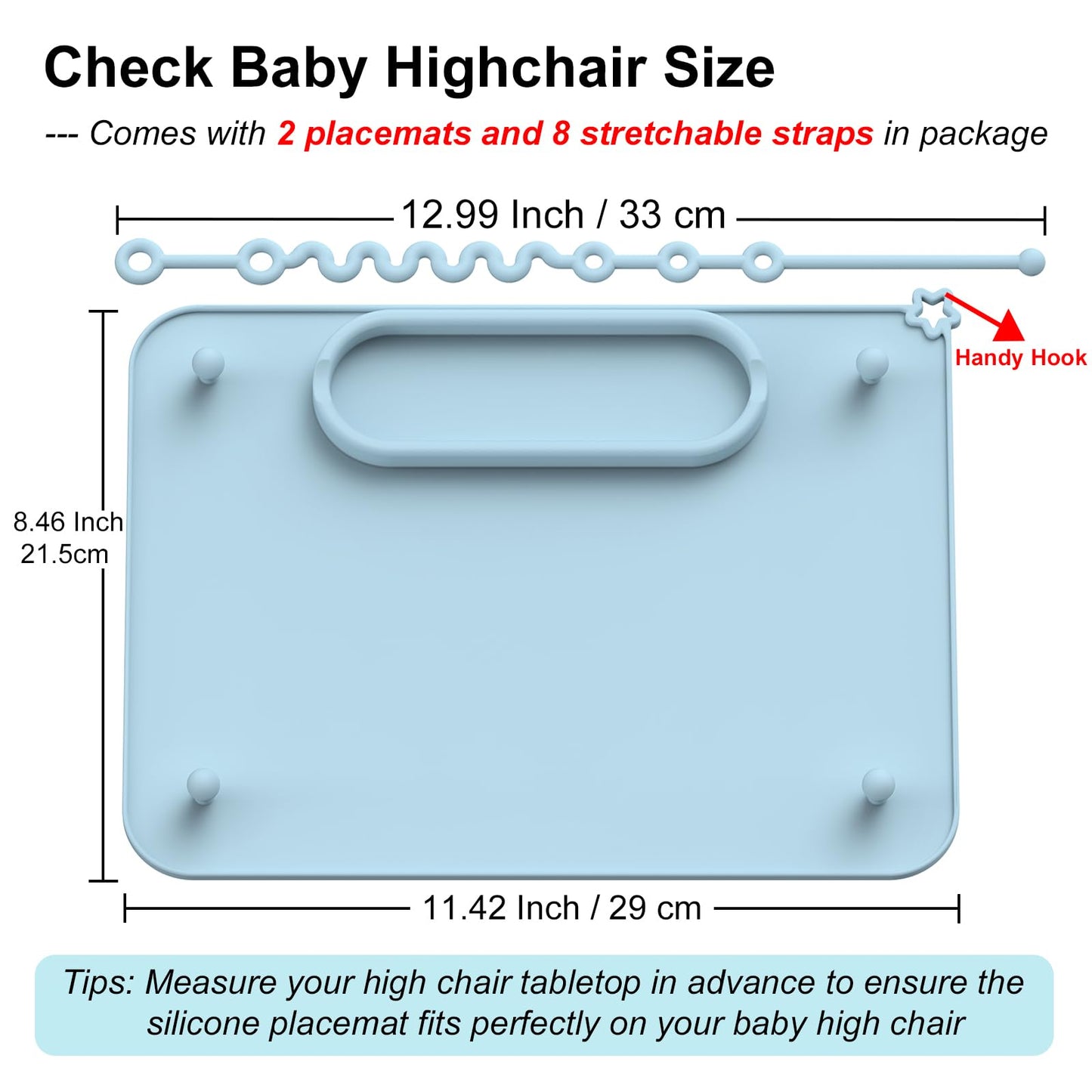 2 Pack Baby Silicone Mat, with Suction Base and 8 Stretchable Straps, Seposeve Baby Placemats, Activity Mat for Infants to Toddlers, Keeps Babies Essentials Off The Floor, Green Blue
