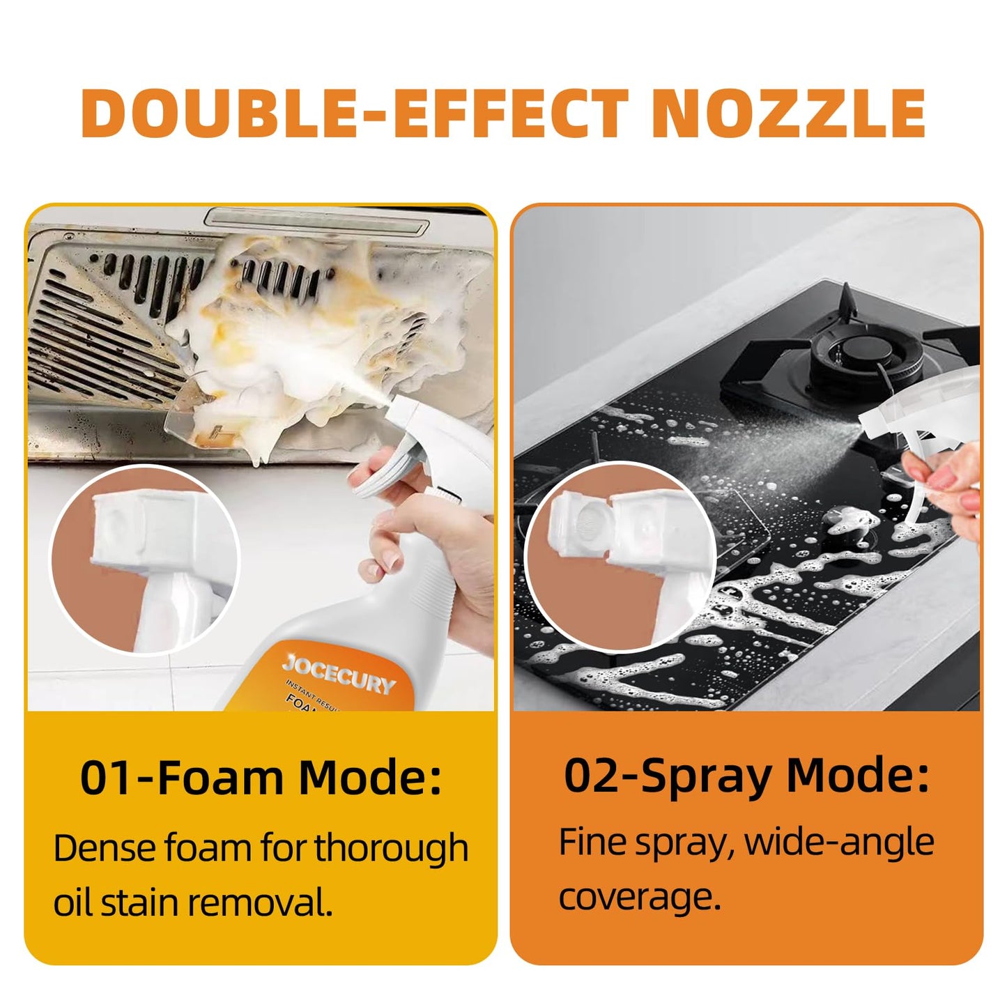 Jocecury 500ml Powerful Kitchen Degreaser Foam Spray – Multipurpose Grease Remover for Pots, Pans, Countertops & Appliances with 2-in-1 No-Rinse Dual Spray Nozzle (Lemon)