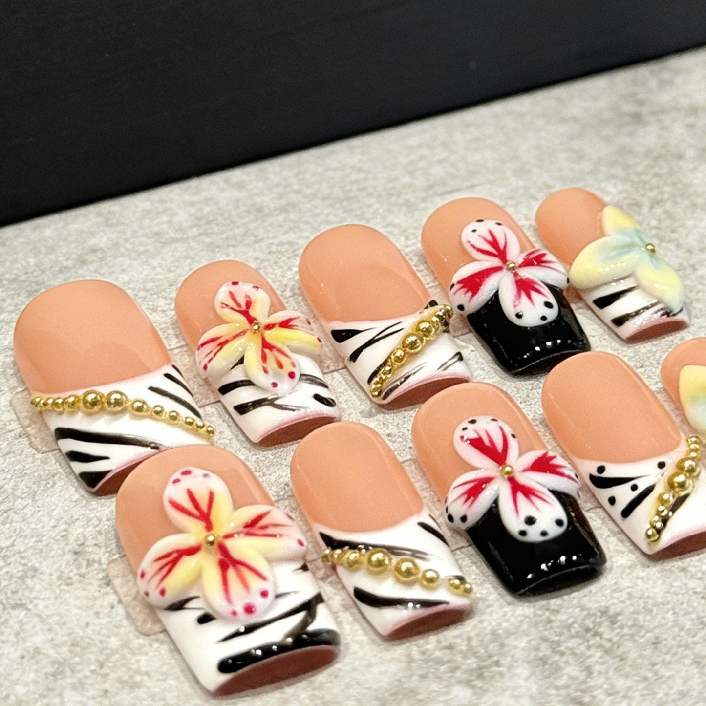10 Pcs Handmade Press on Nails Medium Square Fake Nails with 3D Flower Design Tiger Stripe French Tip False Nails M Size Press Ons Nails Square for Women Summer Acrylic Manicure