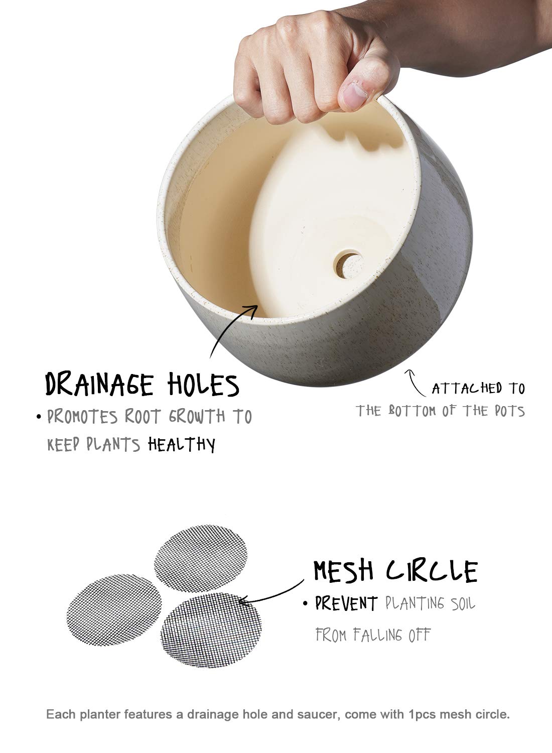 LE TAUCI Ceramic Plant Pots, 4.1+5.1+6.5 Inch Set with 50 Pack 2" Flower Pot Hole Mesh Pad Bundle, Planter with Drainage Hole and Saucer, Beige