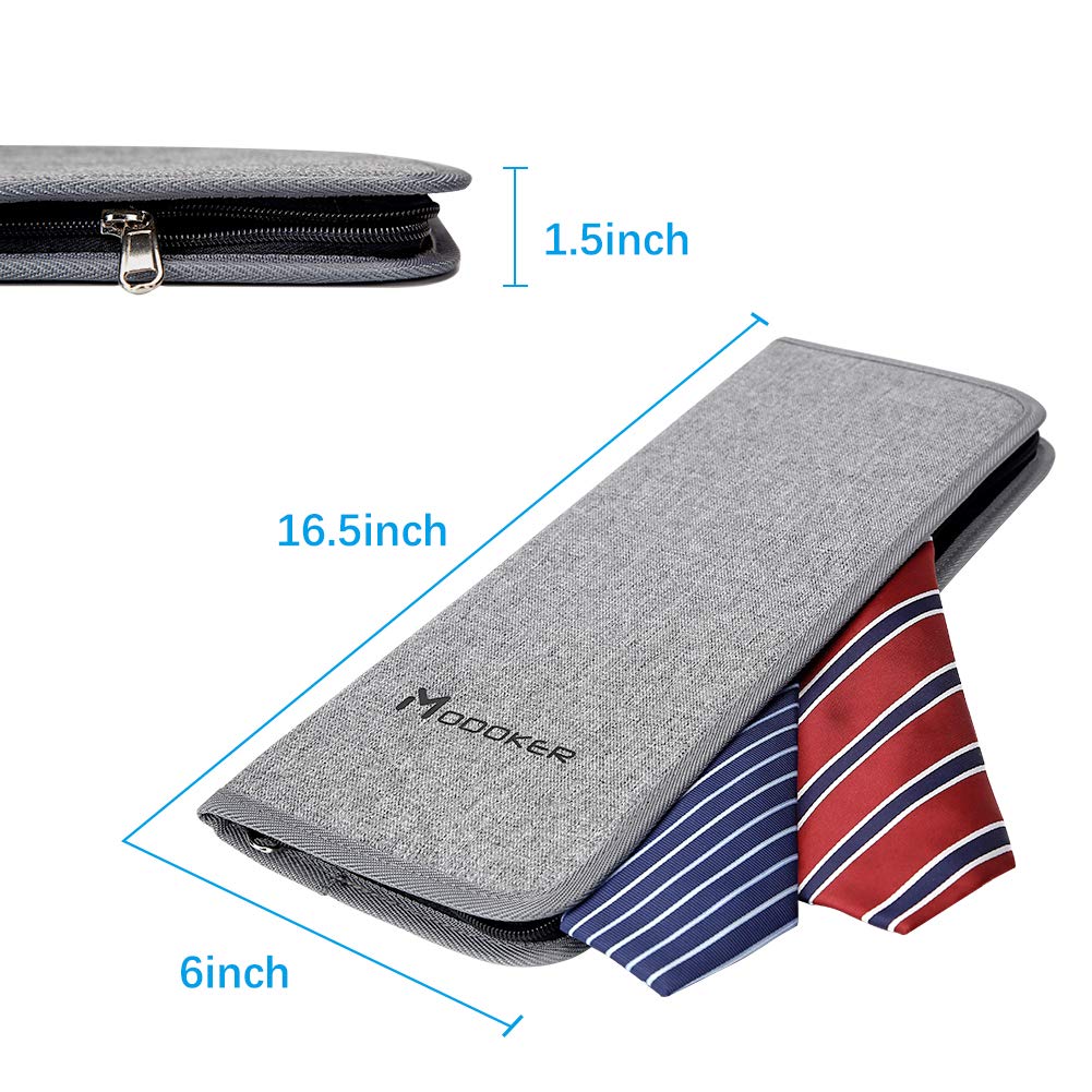 Modoker Tie Organizer Case Bag for Travel, Tie Holder Storage Box for Men Gift Necktie Carrier with Pockets for Cufflinks & Collar Stays, Rigid Anti-Wrinkle Ties Bag Fits 4–6 Ties, Grey