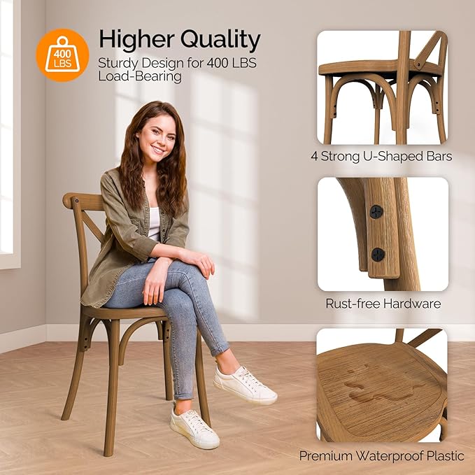 VINGLI Plastic Outdoor Dining Chairs Set of 2, Stackable Patio Dining Chairs with X Back, Waterproof Kitchen & Dining Room Chairs for Indoor-Outdoor, Capacity 400 lbs, Farmhouse Brown