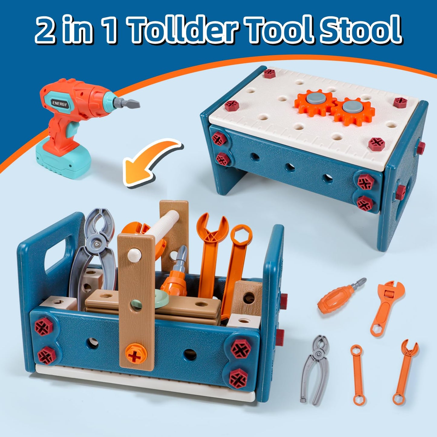 VEAIS Kids Tool Set with Drill,120Pcs Toddler Tool Set with ToolBench,Montessori Toy for 2+Year Old,Educational STEM Construction Toys for Ages 2-4,Pretend Play Toddler Toys 3-5 Year Old Birthday Gift