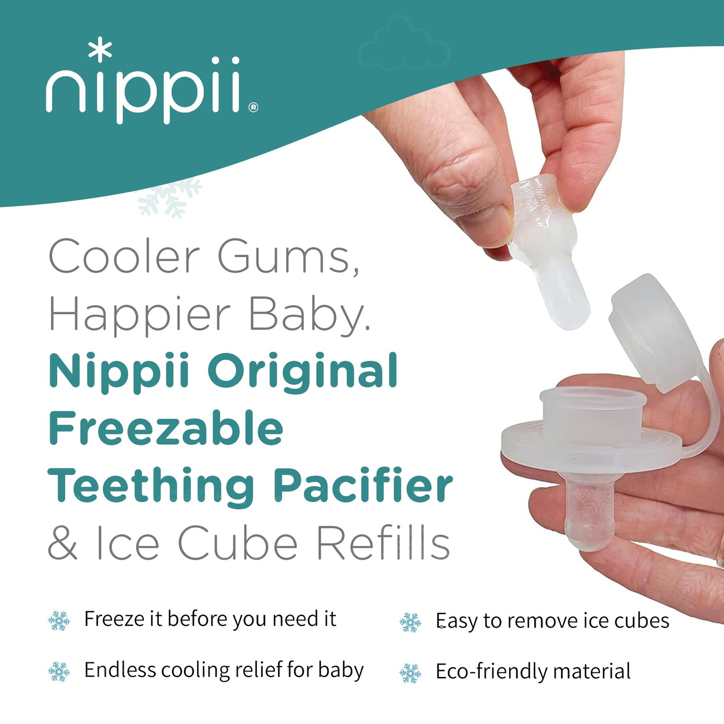Nippii Freezer Teether Pacifier & Ice Cube Tray - Soft Silicone Freezable Teething Paci for Baby Teething Relief - Cold Teething Toy for 0-9 Months - BPA Free, Medical Grade & Easy to Clean