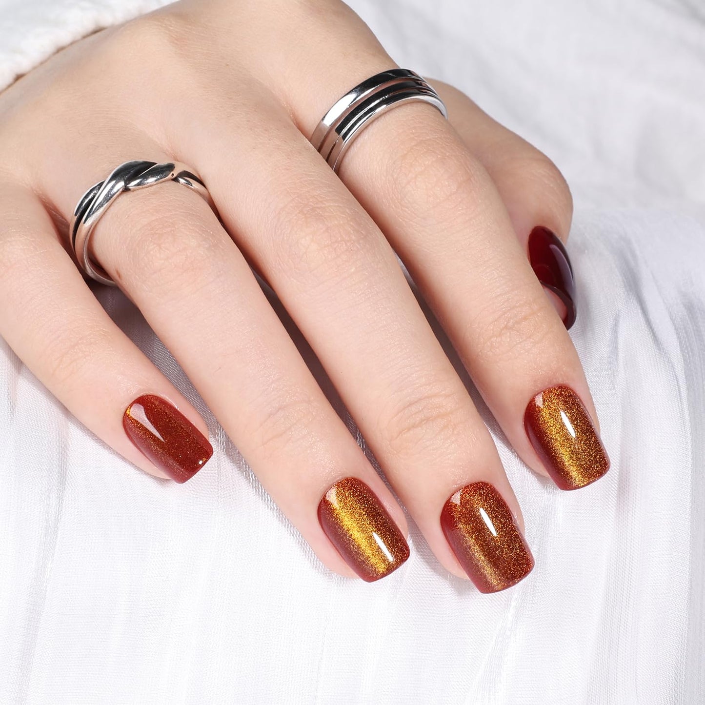 Leefrei Brown Cat Eye Press On Nails - Short Square Press on Nails Press Ons for Women, Reusable Glossy Fake Nails Kit with Glue DIY Nails Short in 15 Sizes - 30pcs, Amber Mocha