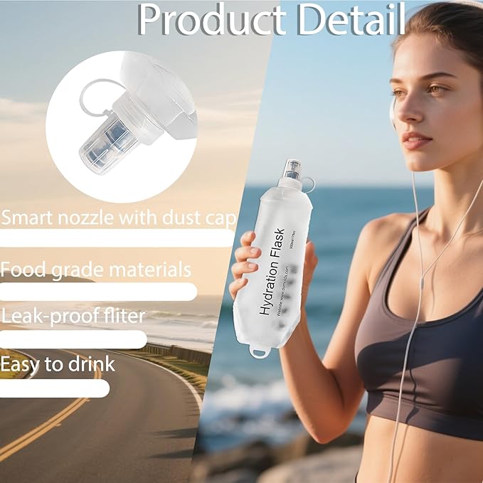 CLINTT 500ml Soft Flask, Foldable Running Water Bottle, TPU Folding Soft Water Flask, BPA-Free Collapsible Flask for Hydration Pack Running Vest, Cycling, Climbing, Hiking - 1Pcs, White