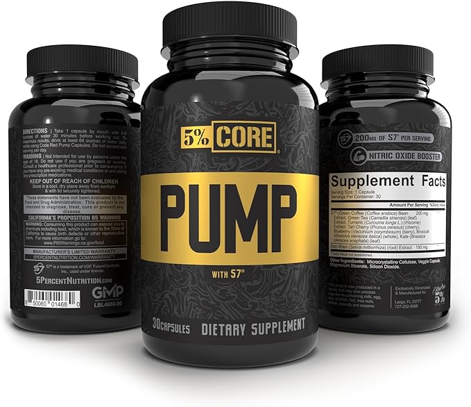 5% Nutrition Core Pump Caps | NO2 Nitric Oxide Booster Supplement Pills | All Natural Ultra Low Stim Preworkout Supplement (5mg Caffeine) (30 Capsules)
