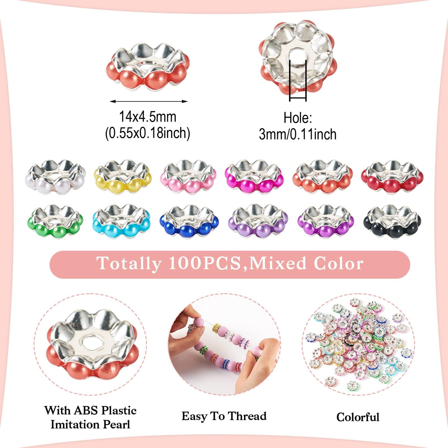 Beadthoven 100pcs Pearl Rondelle Spacers Beads for Pens 14mm Flat Round Large Hole Rhinestone Beads for Bracelet Plastic Pearls Crystal Focal Spacers for Jewelry Making DIY
