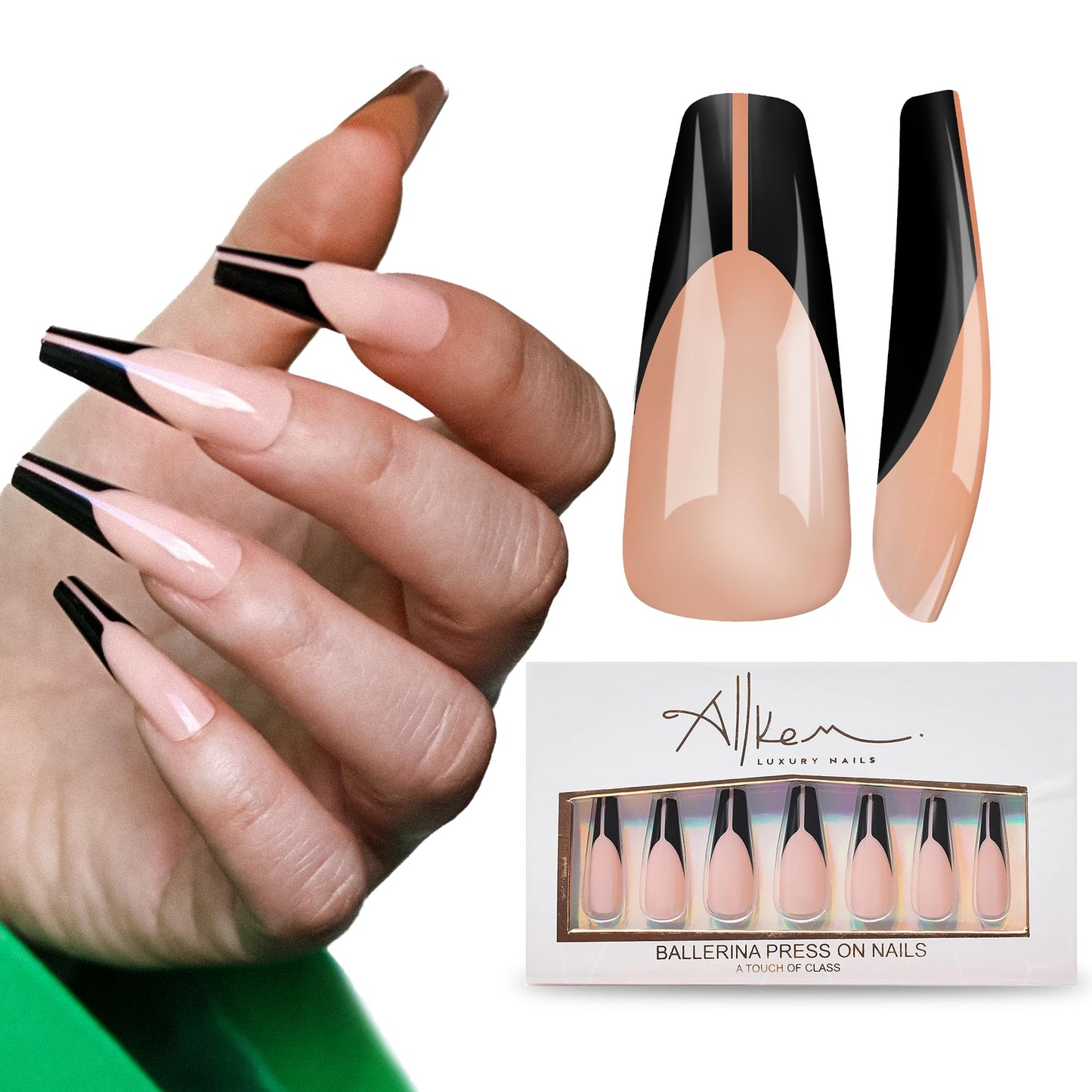 Allkem Revolve French Press on Nails | Glossy Extra Long coffin | 10 sizes - 20 pcs Ballerina Nail kit with Glue
