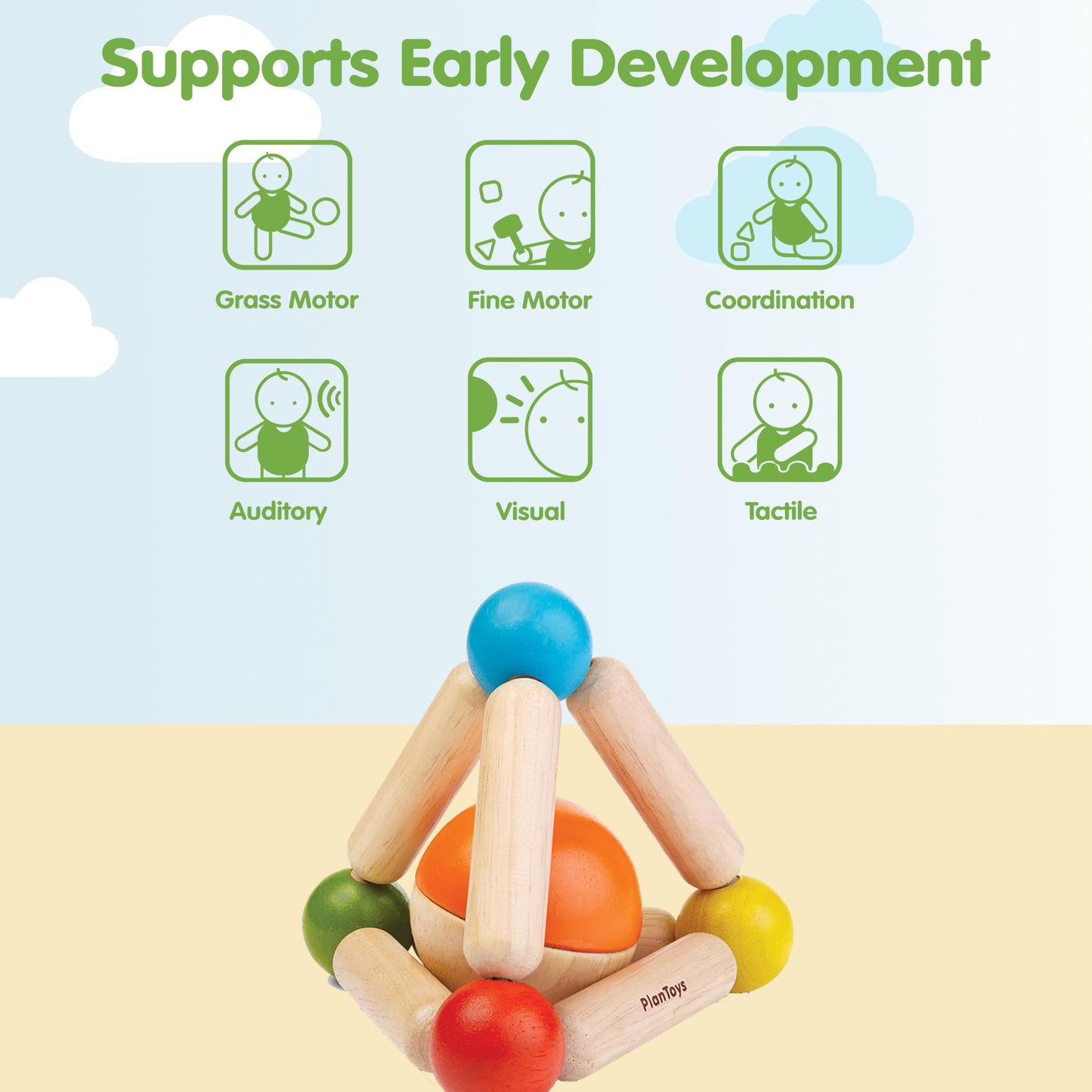 PlanToys® Wooden Clutching Triangle Baby Toy | Montessori Sensory Grasping and Fine Motor Skill Development Activity | Eco Friendly Rattle Toy for Early Exploration