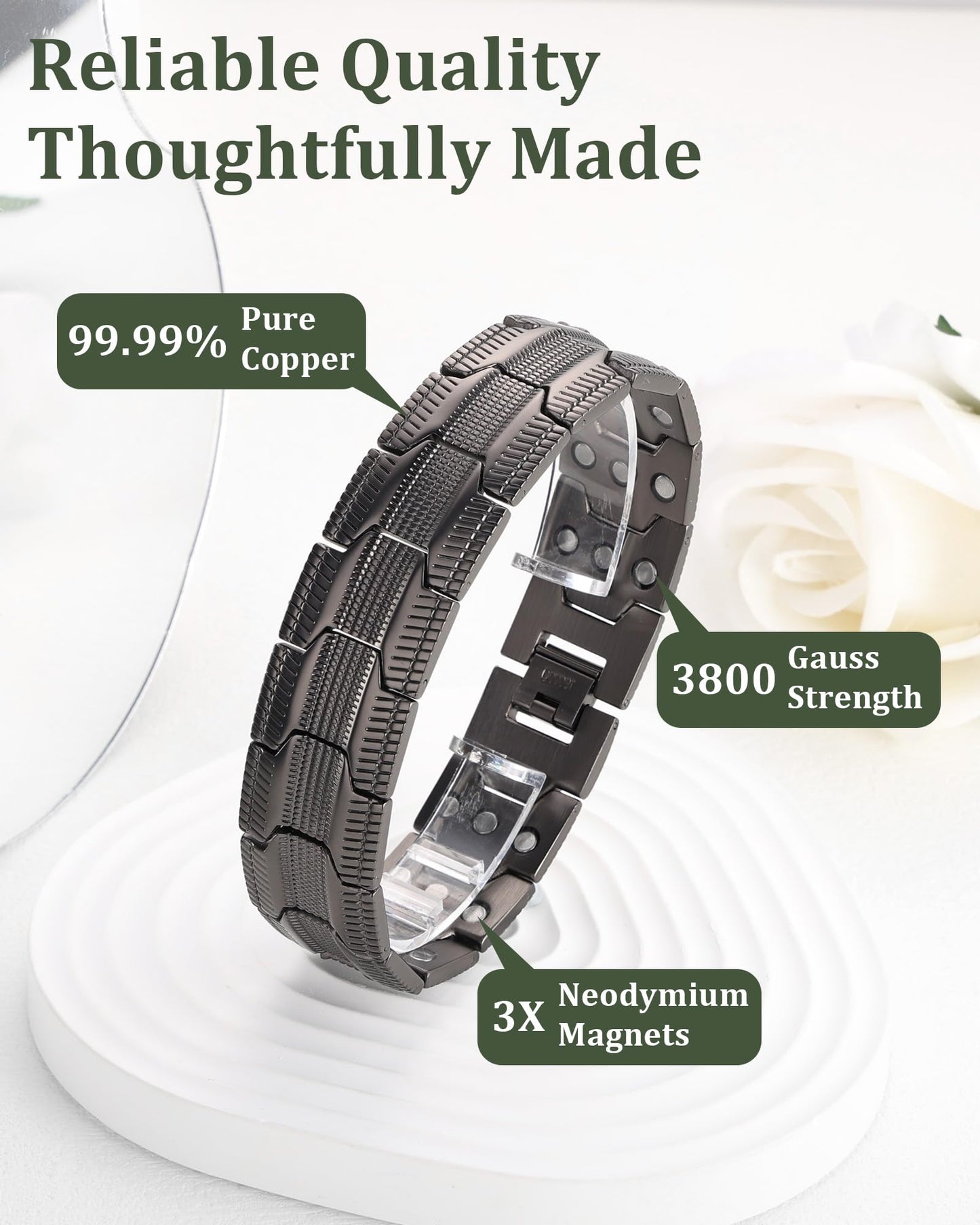 Fashtour 3X Copper Bracelet for Men Triple Ultra Strength Magnets, Masculine Design Pure Copper Magnetic Bracelet, Adjustable Length with Sizing Tool (Black)
