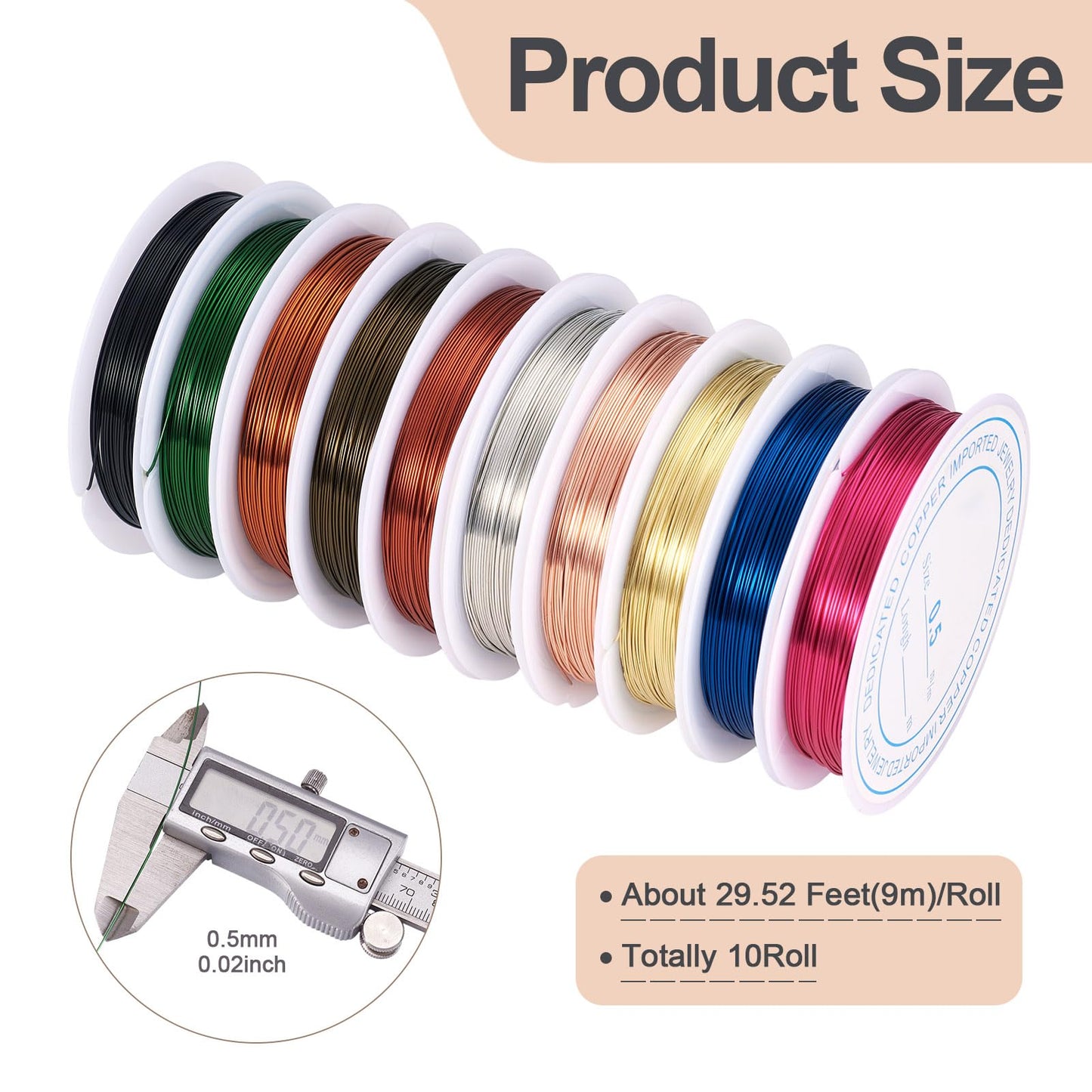 Pandahall 10Rolls Gauge 24 Copper Wire Jewelry Beading Craft Wrapping Making Mixed Color 0.5mm 9m/roll