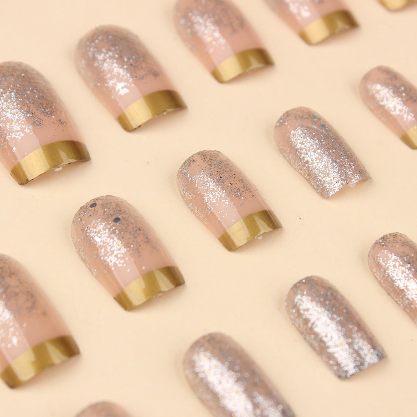 SINHOT Square Press on Nails Medium Fake Nails Glossy Glue on Nails Bling Glitter Acrylic Nails Squoval Artificial Nails Gold French Tip Stick on False Nails with Design 24 pcs