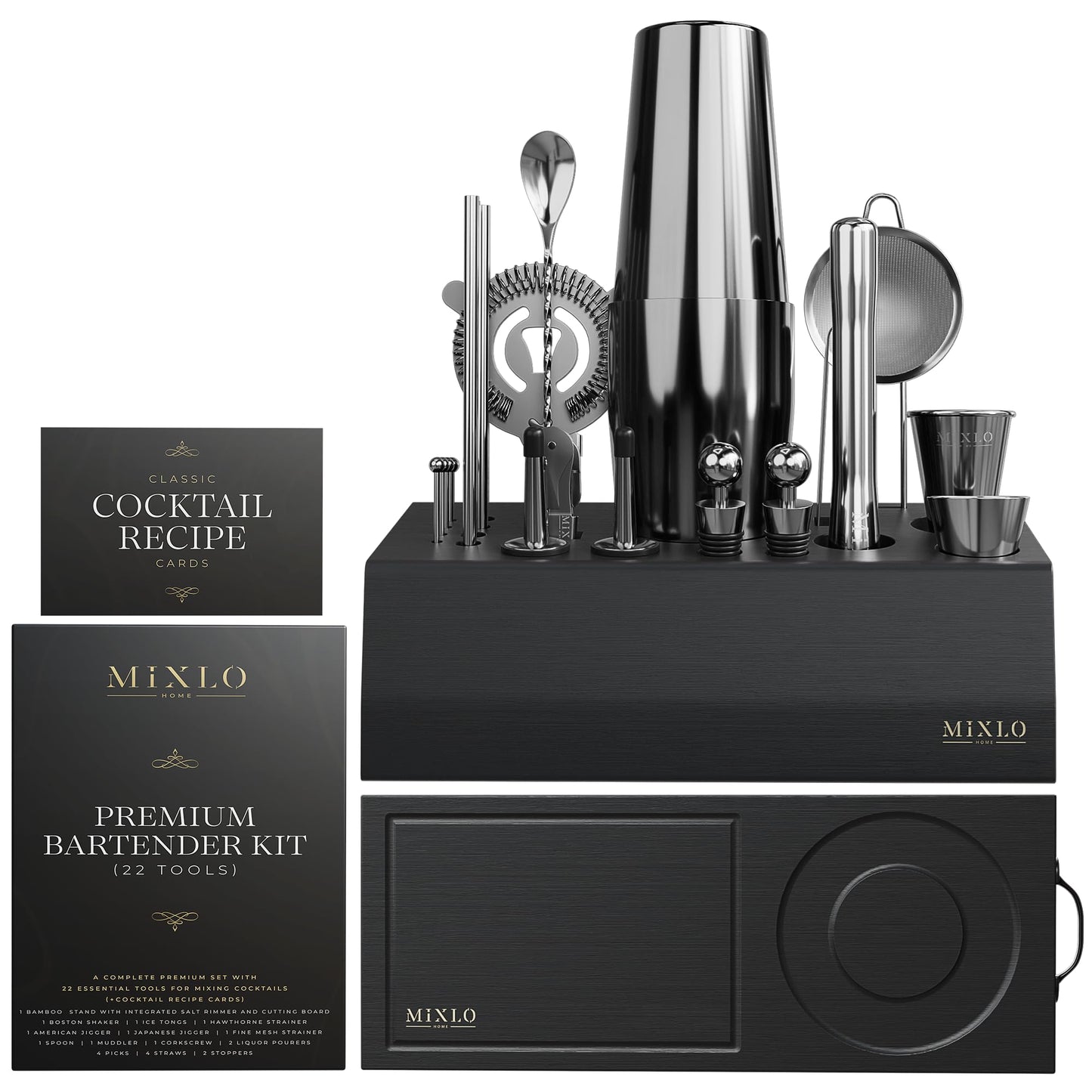MIXLO HOME Mixology Bartender Kit - 22Pcs Bar Set Cocktail Shaker Set w Black Bar Cart Accessories Stand - Shakers Bartending Gun Metal Black Tools, 24oz Shaker, 17 Recipe Cards, Martini Barware