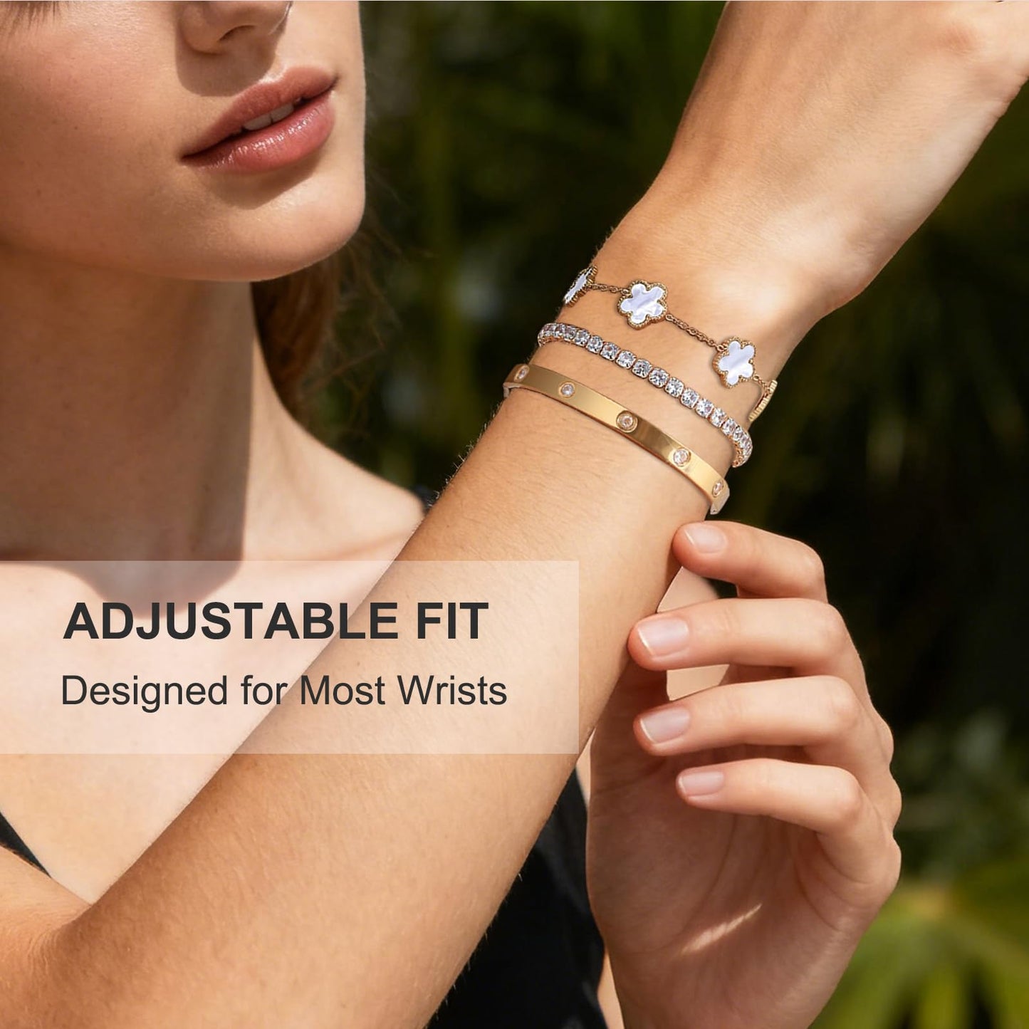 YOUNGGRACE 18K Gold Plated Bracelet Sets for Women - 3PCS Stackable Bracelets Including Bangle, Tennis Chain & Four Leaf Clover Bracelet, Elegant Gold Jewelry Set for Everyday Wear, Gift for Her