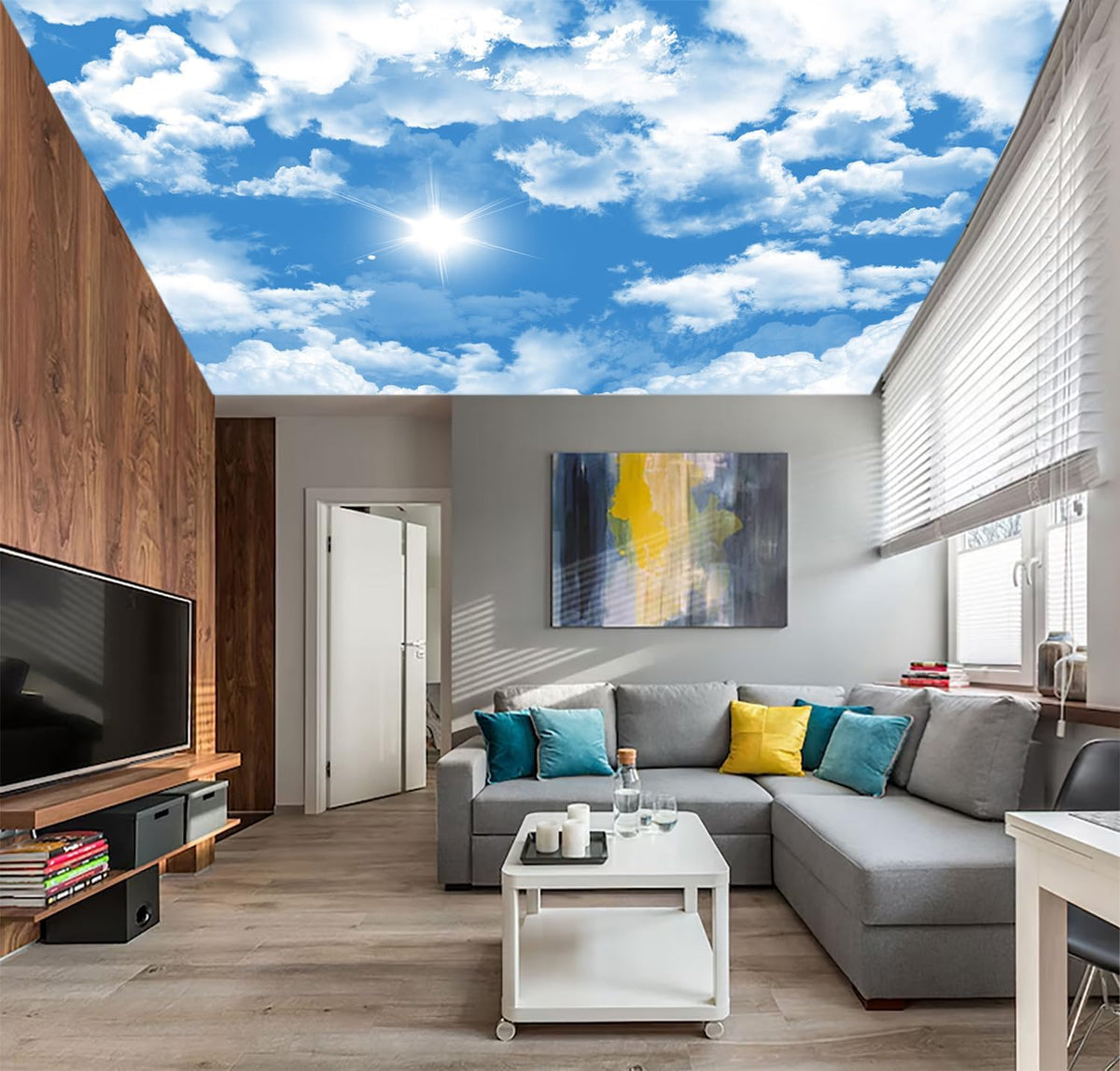 AFZEVEB-Ceiling Mural Blue Sky White Clouds Wallpaper for Living Room 159"x107"(Not Peel and Stick)