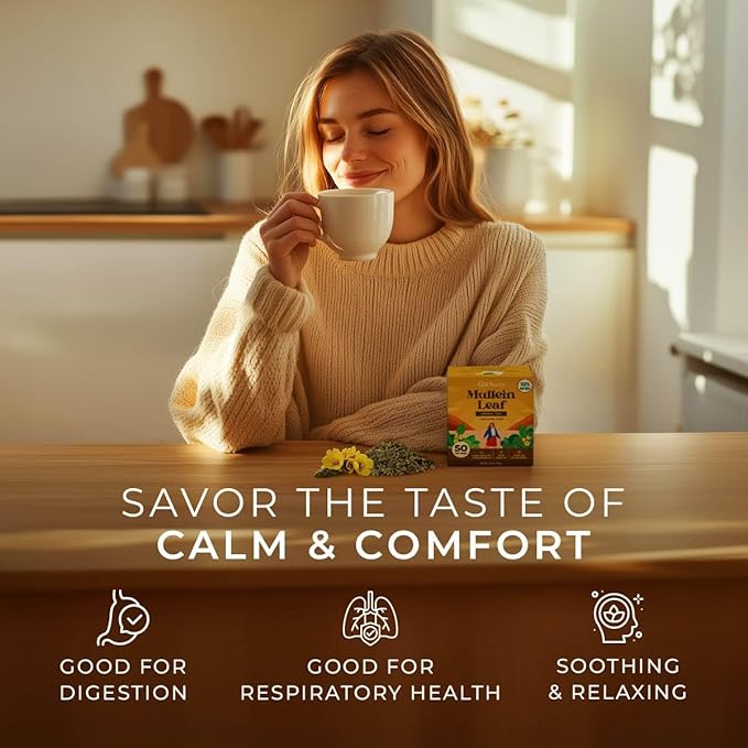 Gya Tea Co Mullein Leaf Herbal Tea Bags (50 Bags) - Caffeine Free with a Tangy Flavor for All Day Comfort, Calming, Relaxing & Nourishing - Fruit & Herbal Blends