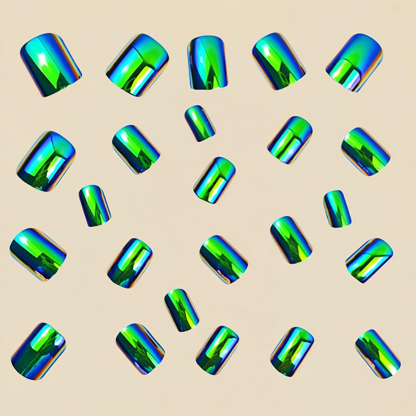 24Pcs Green Electroplating Press On Nails Short Square Fake Nails Acrylic Chrome Glazed Nails Press Ons Full Cover False Nails with Mirror Metal Designs Glossy Glue On Nails Stick On Nails for Women