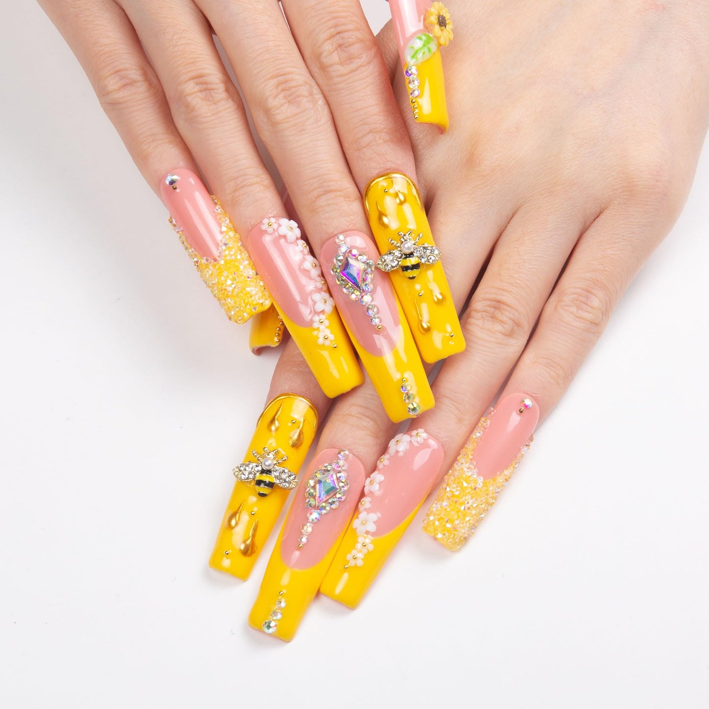 LOVFUL Press on Nails Honey Bee Yellow| Handmade with Full Covered Crystals| Reusable Fake Nails| Square Mid length 1.7in| H101-S