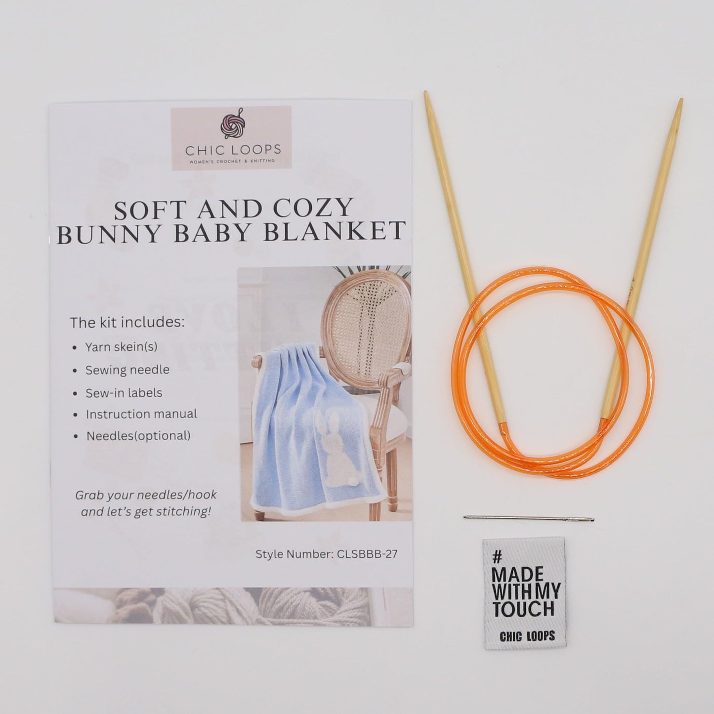 Chic Loops Knitting Kit for Beginners, Knitted Baby Blanket Beginner Crochet Kit for Adults, Crochet Soft and Cozy Bunny Baby Blanket with Instruction(Ice Blue)