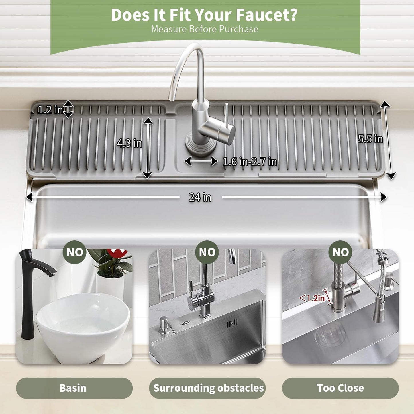 SOCORIA Faucet Mat for Kitchen Sink, 24 Inch Longer Silicone Sink Splash Guard, 7°Slope Fast Self-draining, Fast Drying Tidy Faucet Mat Splash Guard