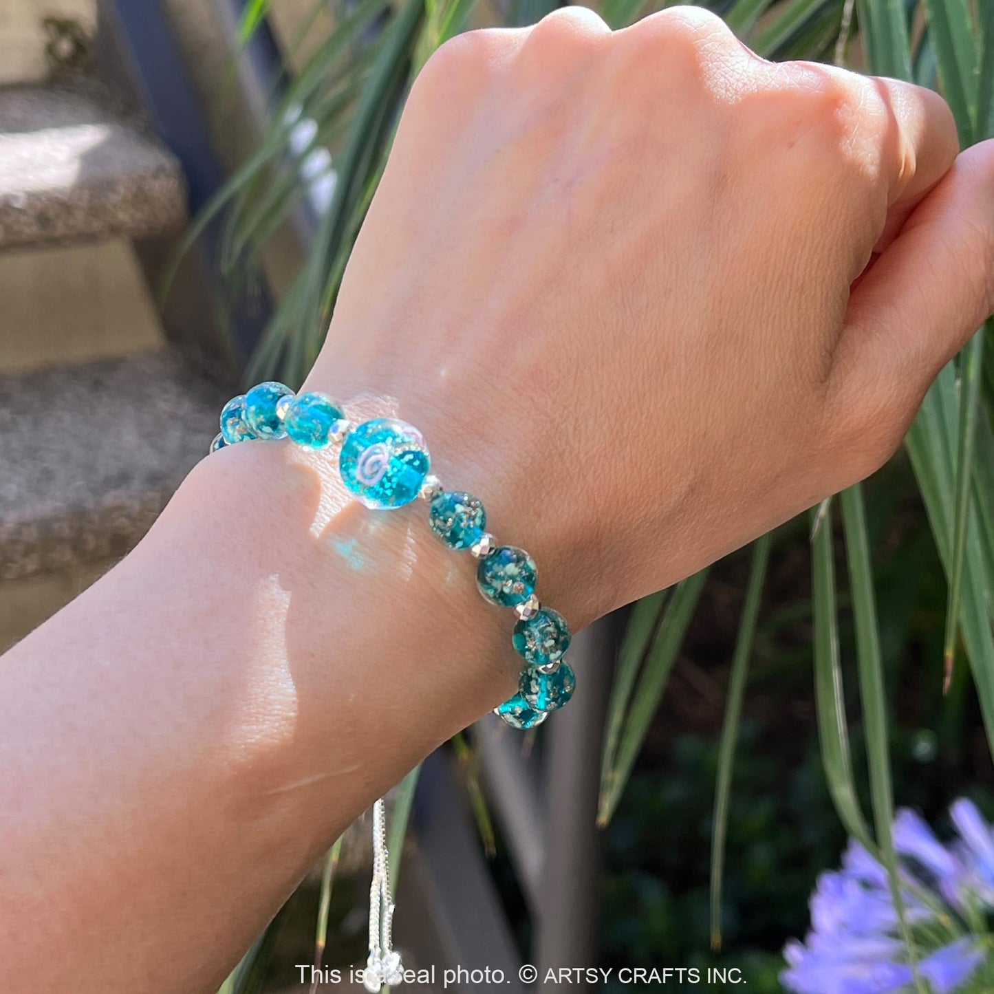 ARTSY CRAFTS INC Glow in The Dark Firefly Beads Bracelets Necklaces, Murano Glass Beads Crystal Birthstone Beaded Jewelry Adjustable Slider Chain (Bracelet-Teal)